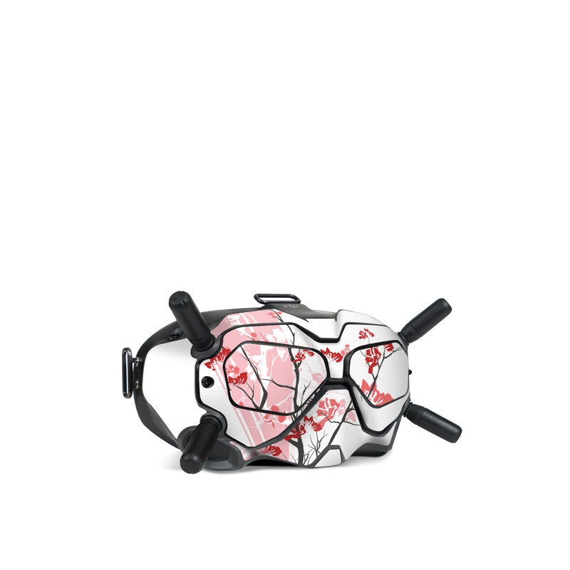DJI FPV Goggles V2 Skin design of Branch, Red, Flower, Plant, Tree, Twig, Blossom, Botany, Pink, Spring, with white, pink, gray, red, black colors