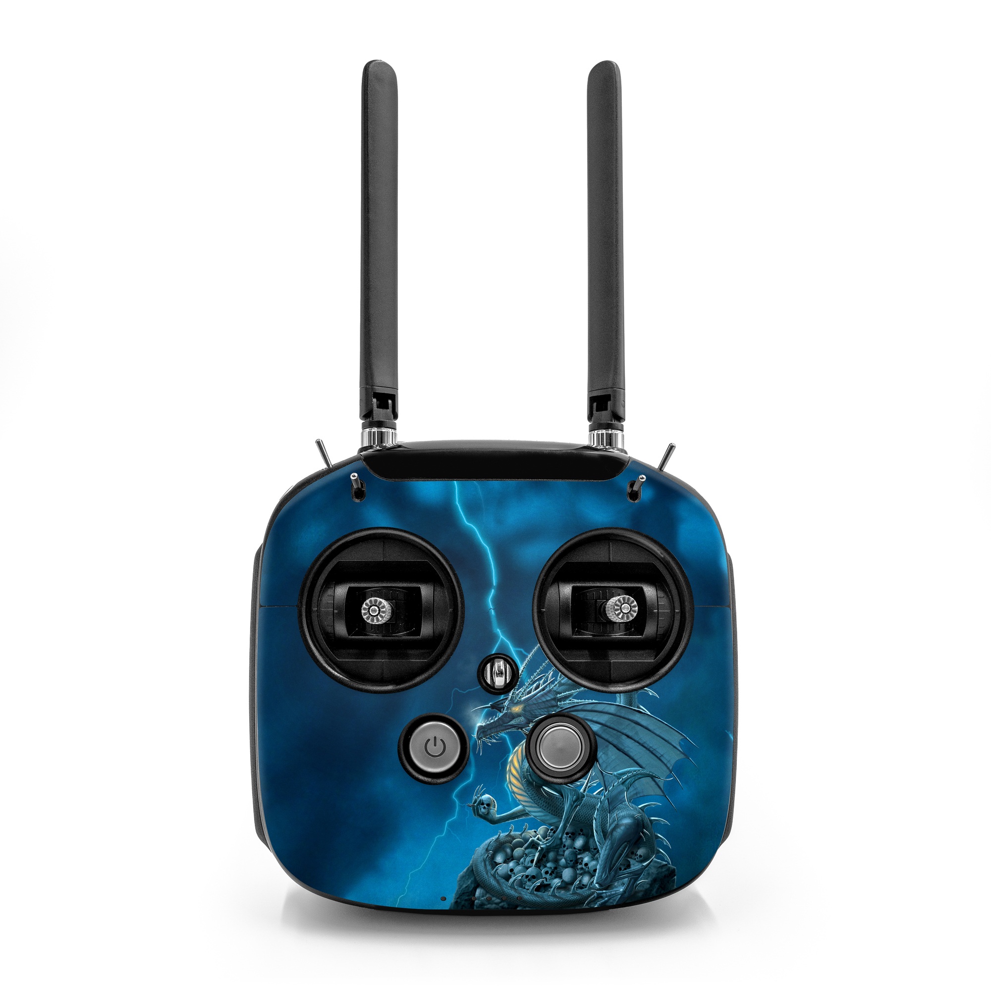DJI FPV Remote Controller Mode 2 Skin design of Cg artwork, Dragon, Mythology, Fictional character, Illustration, Mythical creature, Art, Demon, with blue, yellow colors