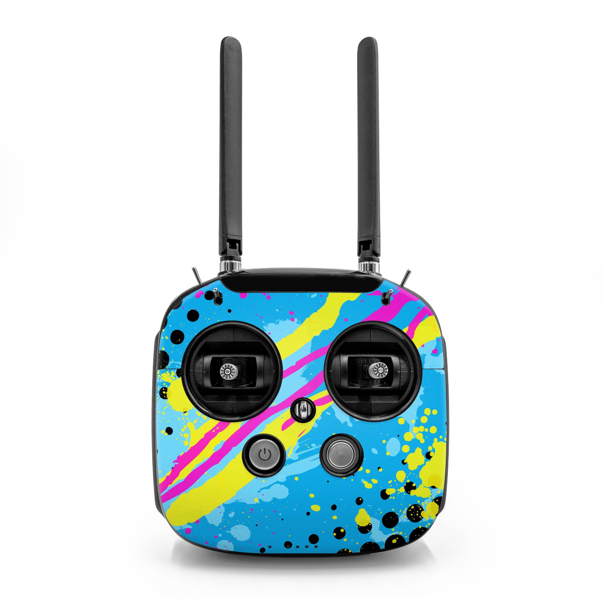 DJI FPV Remote Controller Mode 2 Skin design of Blue, Colorfulness, Graphic design, Pattern, Water, Line, Design, Graphics, Illustration, Visual arts, with blue, black, yellow, pink colors