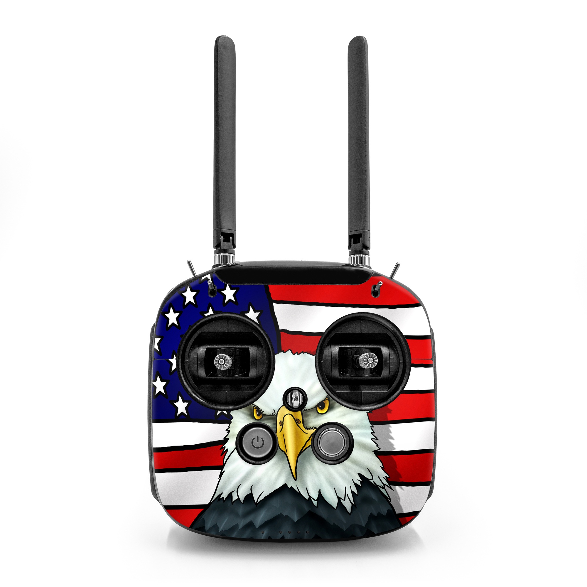 DJI FPV Remote Controller Mode 2 Skin design of Bald eagle, Eagle, Bird, Bird of prey, Accipitridae, Beak, Accipitriformes, Sea eagle, Flag, with white, gray, blue, yellow, red colors