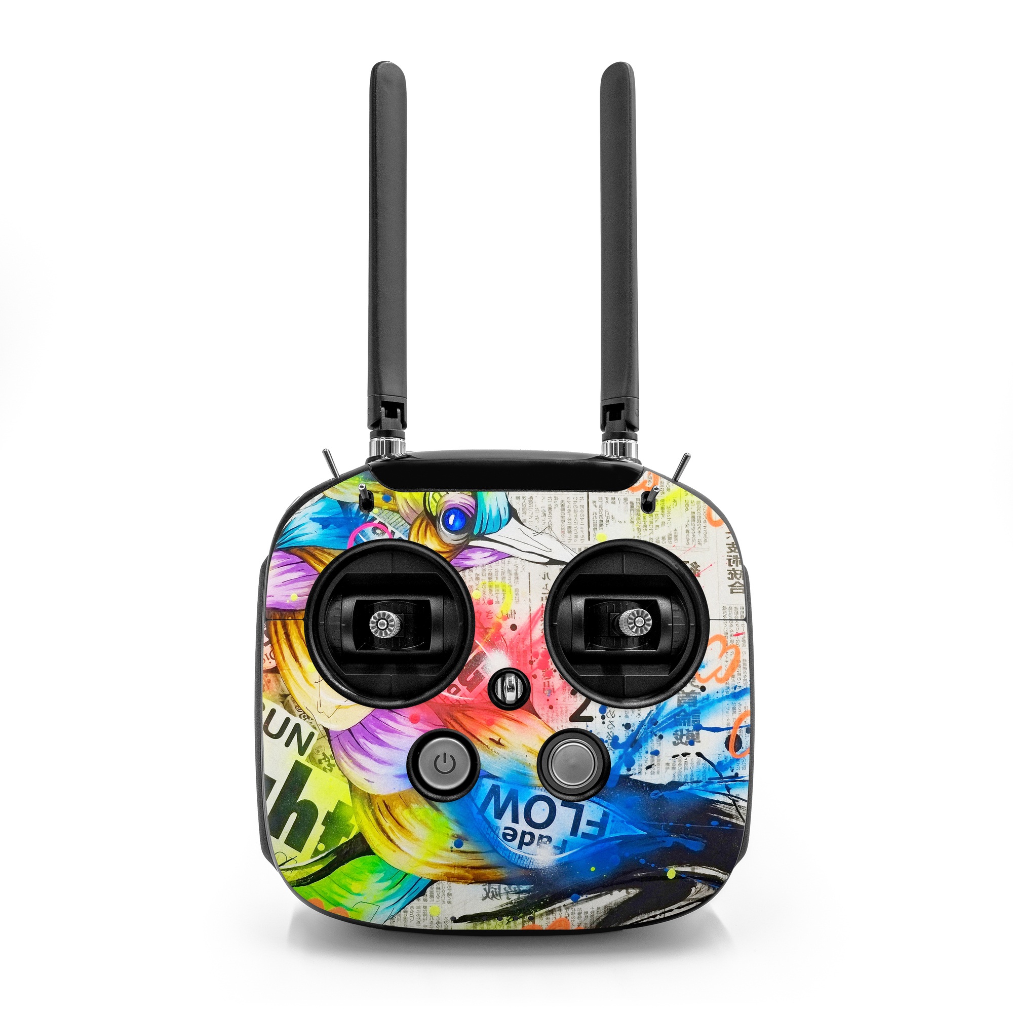 DJI FPV Remote Controller Mode 2 Skin design of Graphic design, Font, Art, Graphics, Illustration, with blue, red, orange, pink, white, black, yellow, green colors