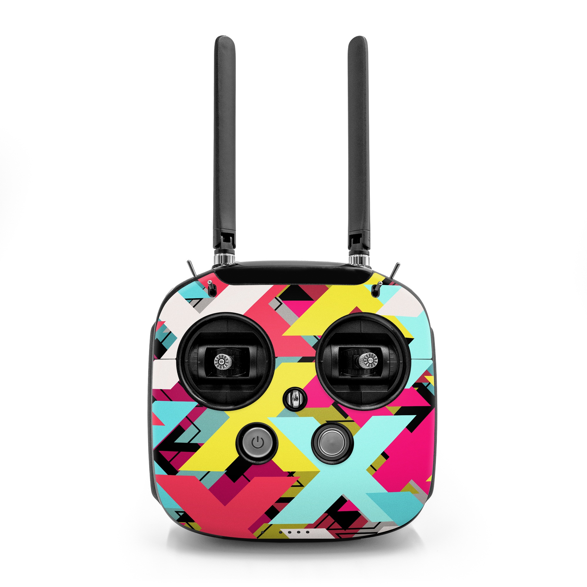 DJI FPV Remote Controller Mode 2 Skin design of Pattern, Graphic design, Line, Design, Triangle, Font, Illustration, Magenta, Visual arts, with yellow, blue, white, black, red, pink colors