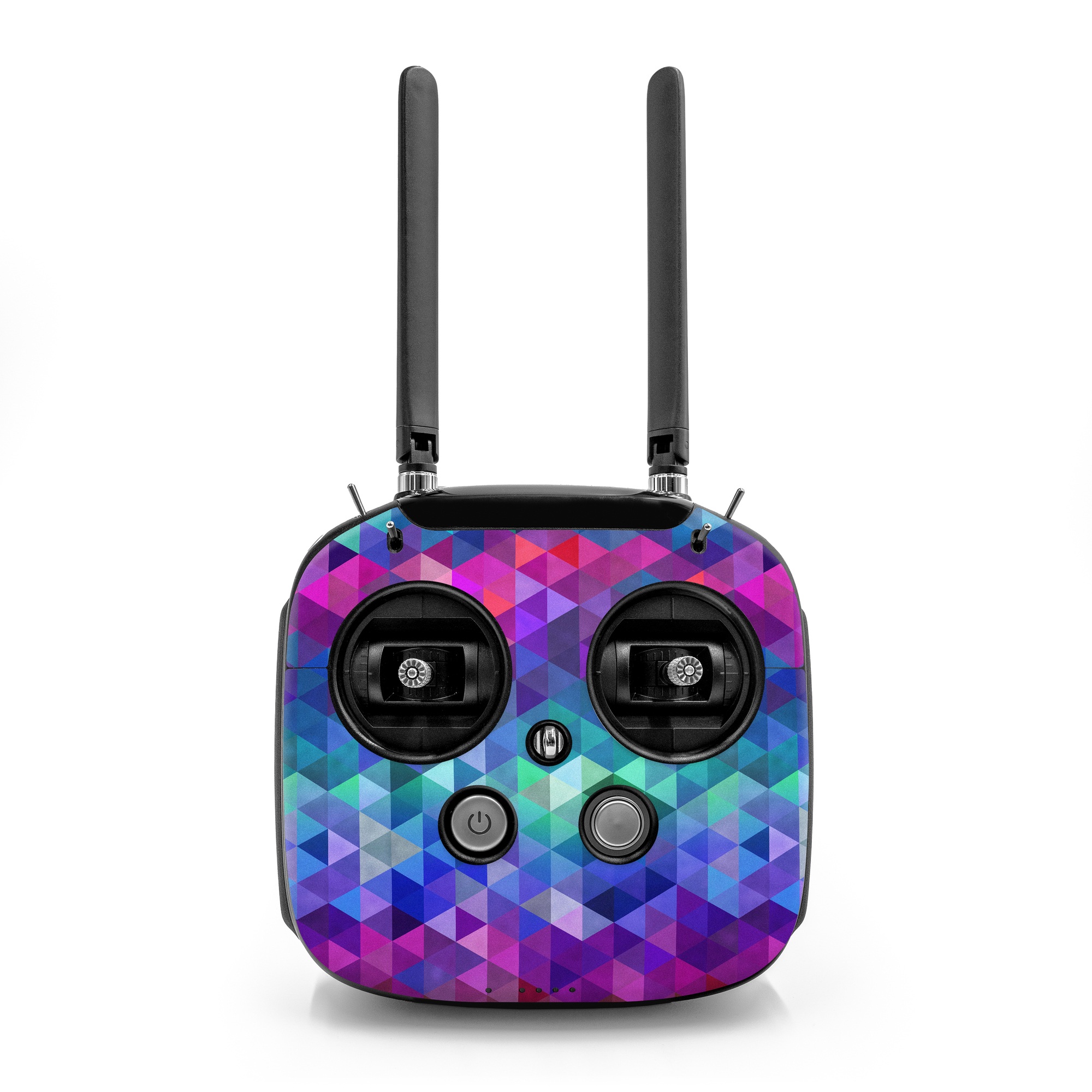 DJI FPV Remote Controller Mode 2 Skin design of Purple, Violet, Pattern, Blue, Magenta, Triangle, Line, Design, Graphic design, Symmetry, with blue, purple, green, red, pink colors