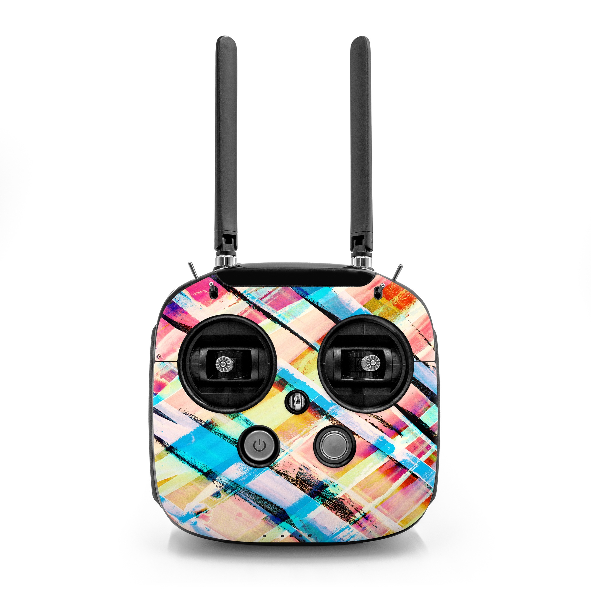 DJI FPV Remote Controller Mode 2 Skin design of Line, Pattern, Turquoise, Plaid, Orange, Colorfulness, Design, Textile, Tints and shades, with blue, pink, red, purple, yellow, orange colors