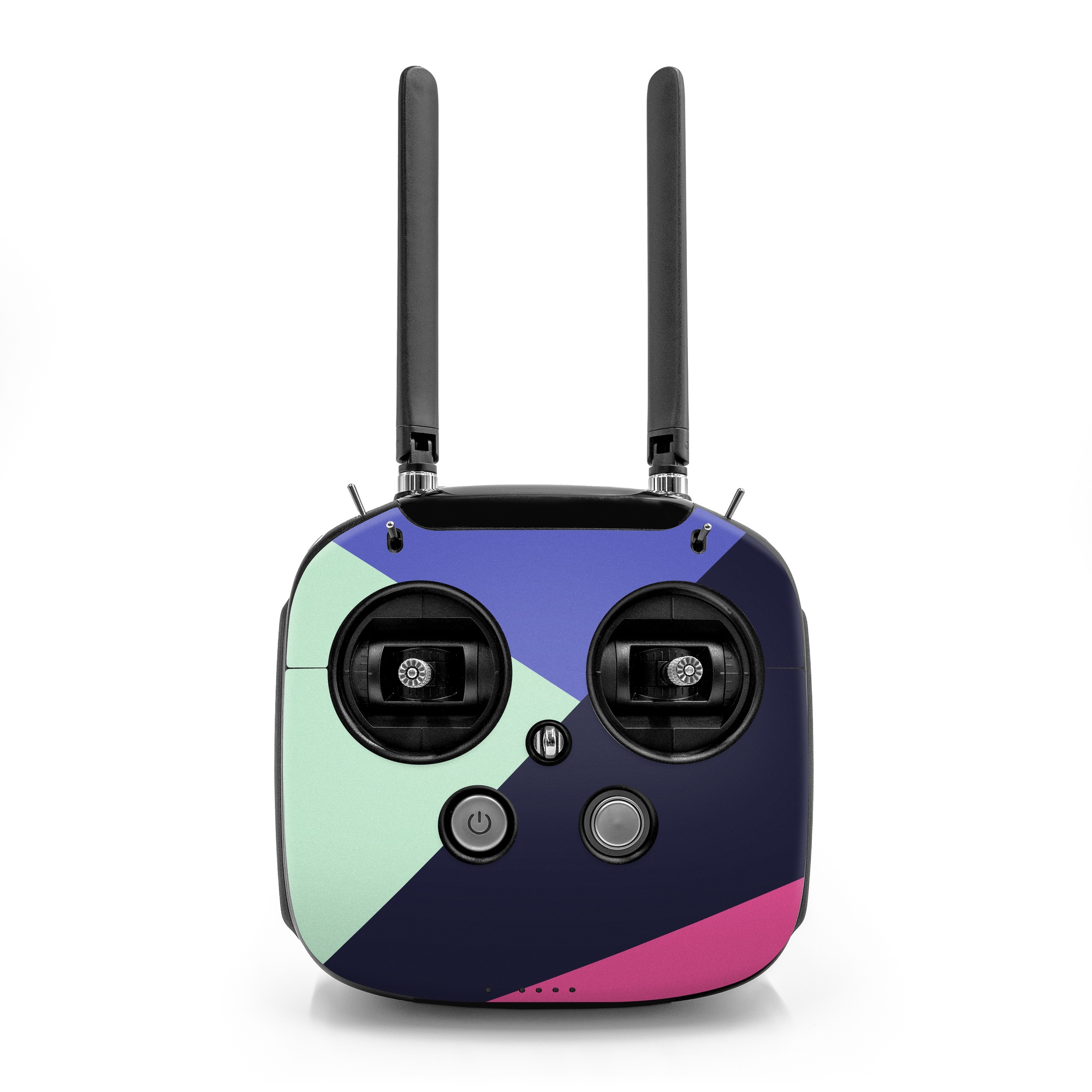 DJI FPV Remote Controller Mode 2 Skin design of Purple, Violet, Line, Magenta, Graphic design, Triangle, Pattern, Design, Material property, Font, with black, blue, green, pink colors