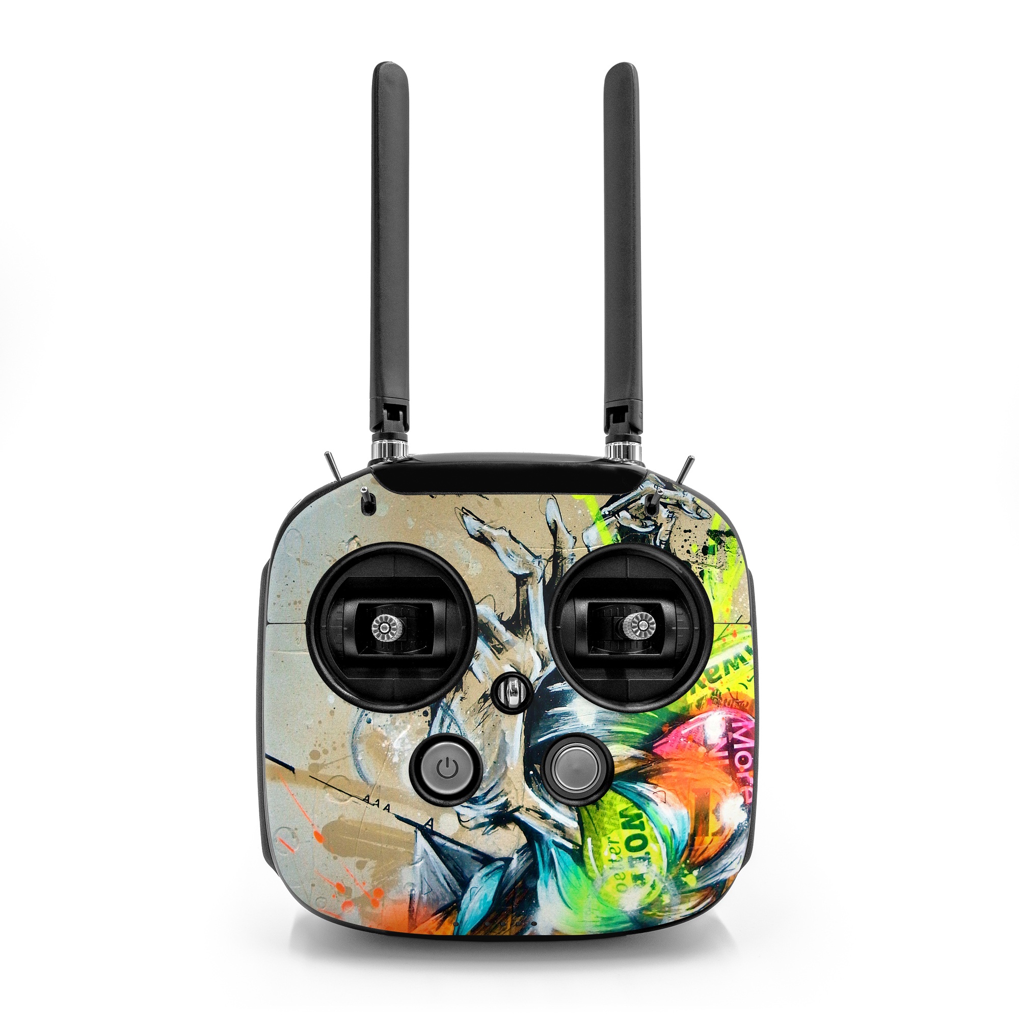 DJI FPV Remote Controller Mode 2 Skin design of Graphic design, Art, Illustration, Fictional character, Visual arts, Graphics, Painting, Watercolor paint, Modern art, Games, with gray, black, green, red, orange, pink colors