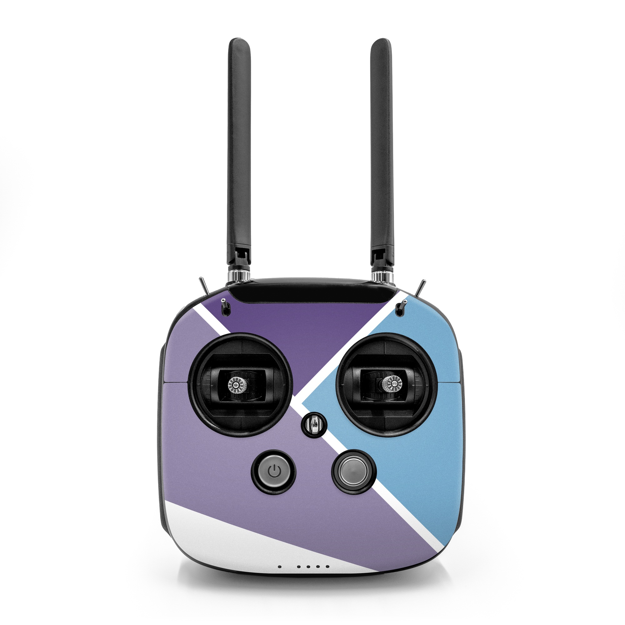 DJI FPV Remote Controller Mode 2 Skin design of Violet, Purple, Turquoise, Line, Pattern, Design, Graphic design, Font, Triangle, Magenta, with white, blue, purple colors