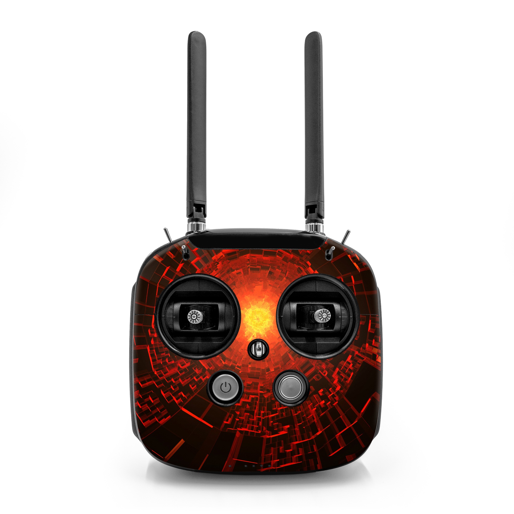 DJI FPV Remote Controller Mode 2 Skin design of Red, Fractal art, Light, Circle, Design, Art, Graphics, Symmetry, Pattern, Space, with black, red colors