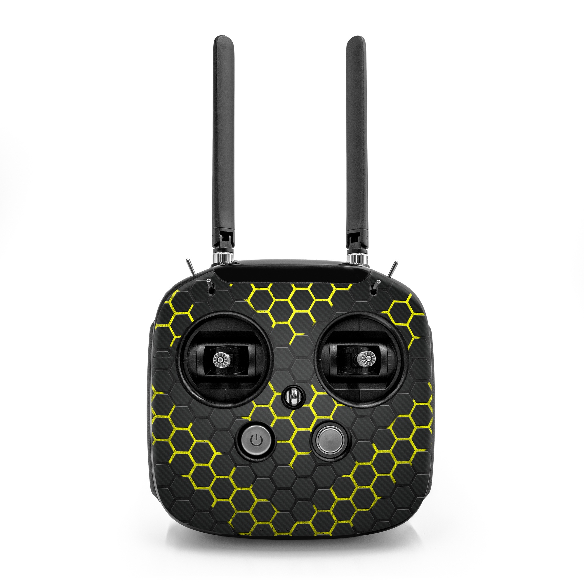 DJI FPV Remote Controller Mode 2 Skin design of Black, Pattern, Yellow, Mesh, Net, Chain-link fencing, Design, Metal, with black, gray, yellow colors