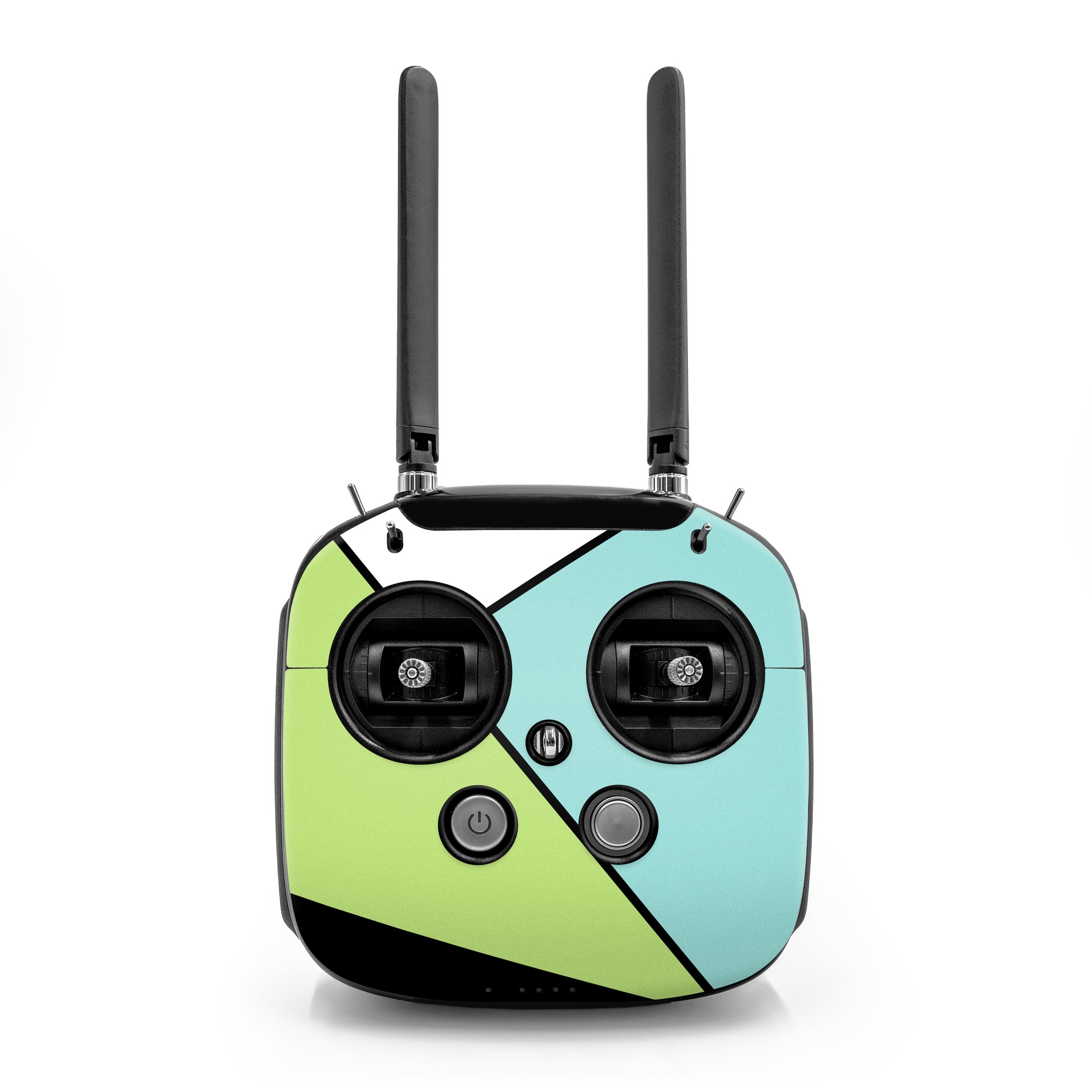 DJI FPV Remote Controller Mode 2 Skin design of Green, Line, Blue, Triangle, Design, Parallel, Pattern, Graphic design, Slope, with white, black, green, blue colors