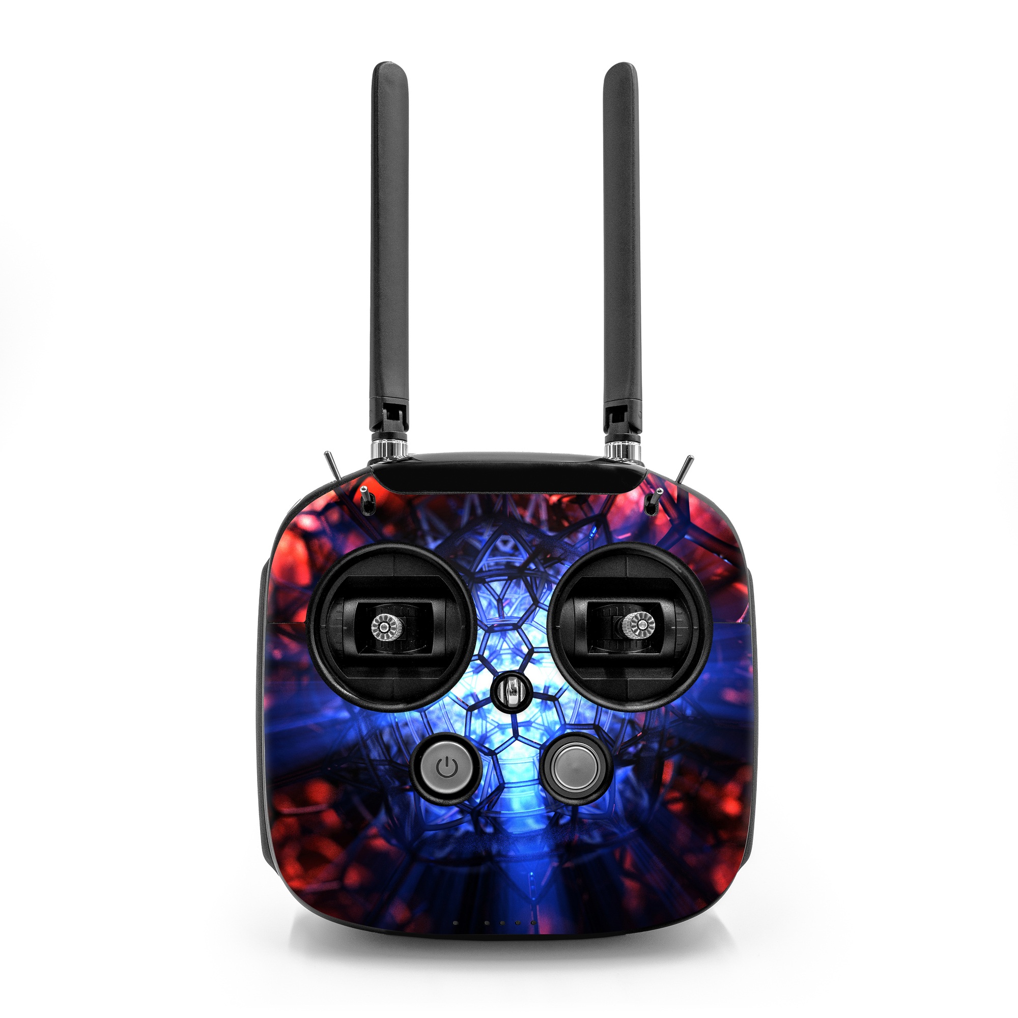 DJI FPV Remote Controller Mode 2 Skin design of Blue, Fractal art, Red, Light, Pattern, Lighting, Art, Kaleidoscope, Design, Psychedelic art, with black, blue, red colors