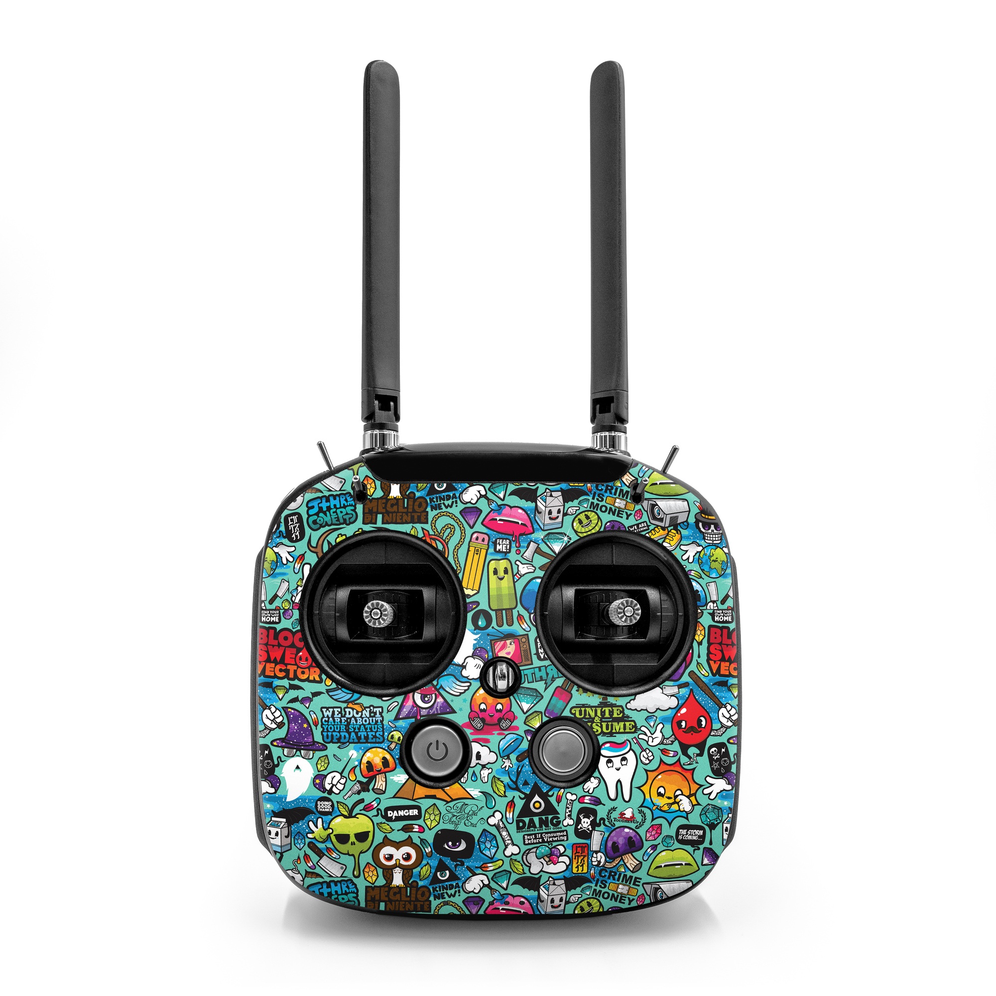 DJI FPV Remote Controller Mode 2 Skin design of Cartoon, Art, Pattern, Design, Illustration, Visual arts, Doodle, Psychedelic art, with black, blue, gray, red, green colors