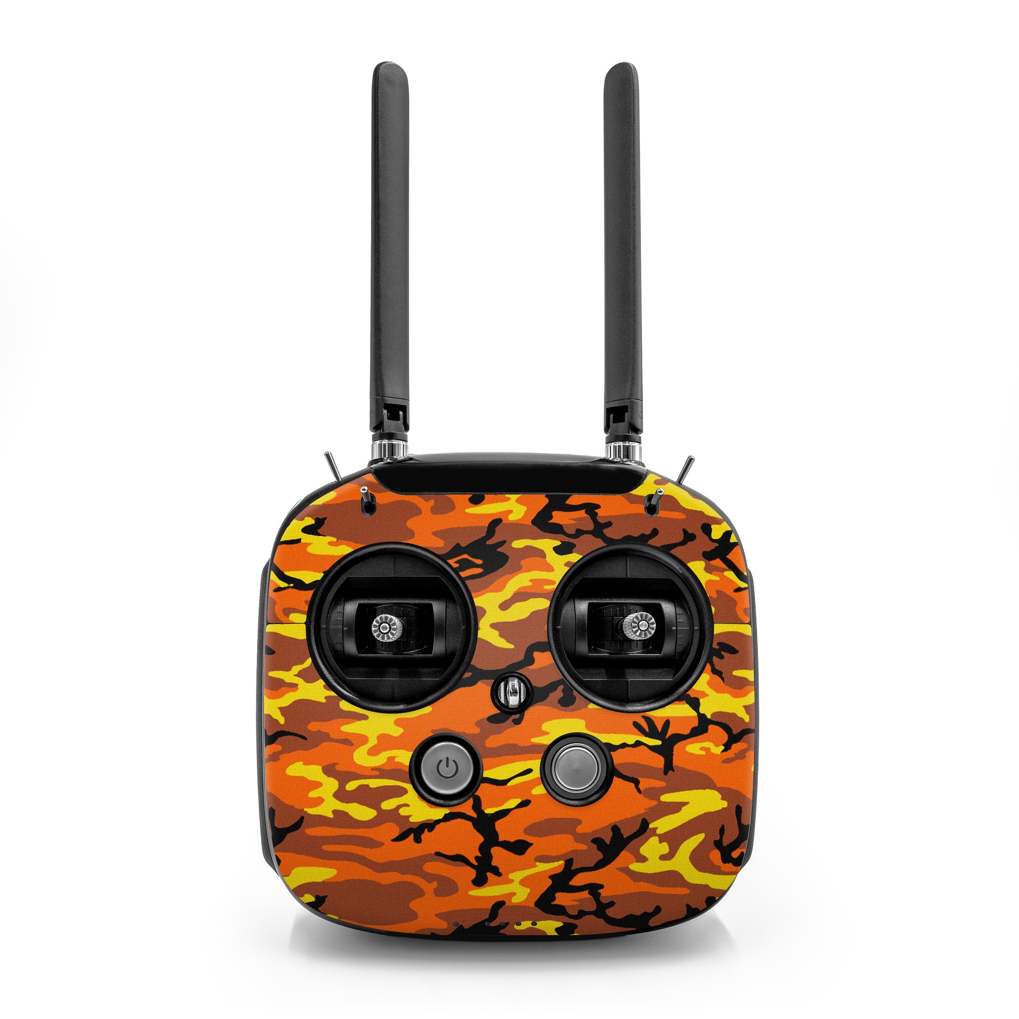 DJI FPV Remote Controller Mode 2 Skin design of Military camouflage, Orange, Pattern, Camouflage, Yellow, Brown, Uniform, Design, Tree, Wildlife, with red, green, black colors