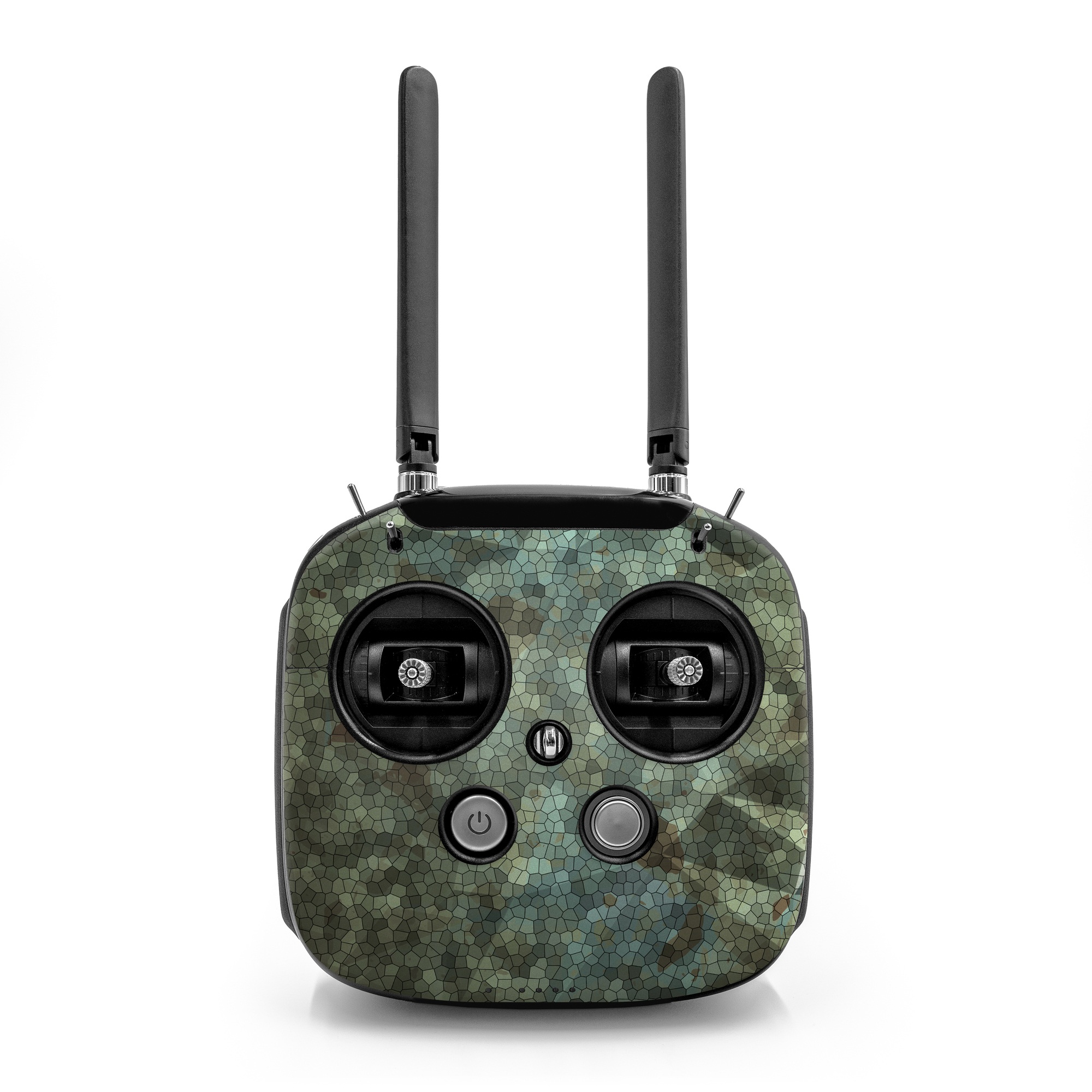 DJI FPV Remote Controller Mode 2 Skin design of Green, Pattern, Brown, Wall, Design, Rock, Geology, Camouflage, Granite, Metal, with black, brown, blue, gray, white colors