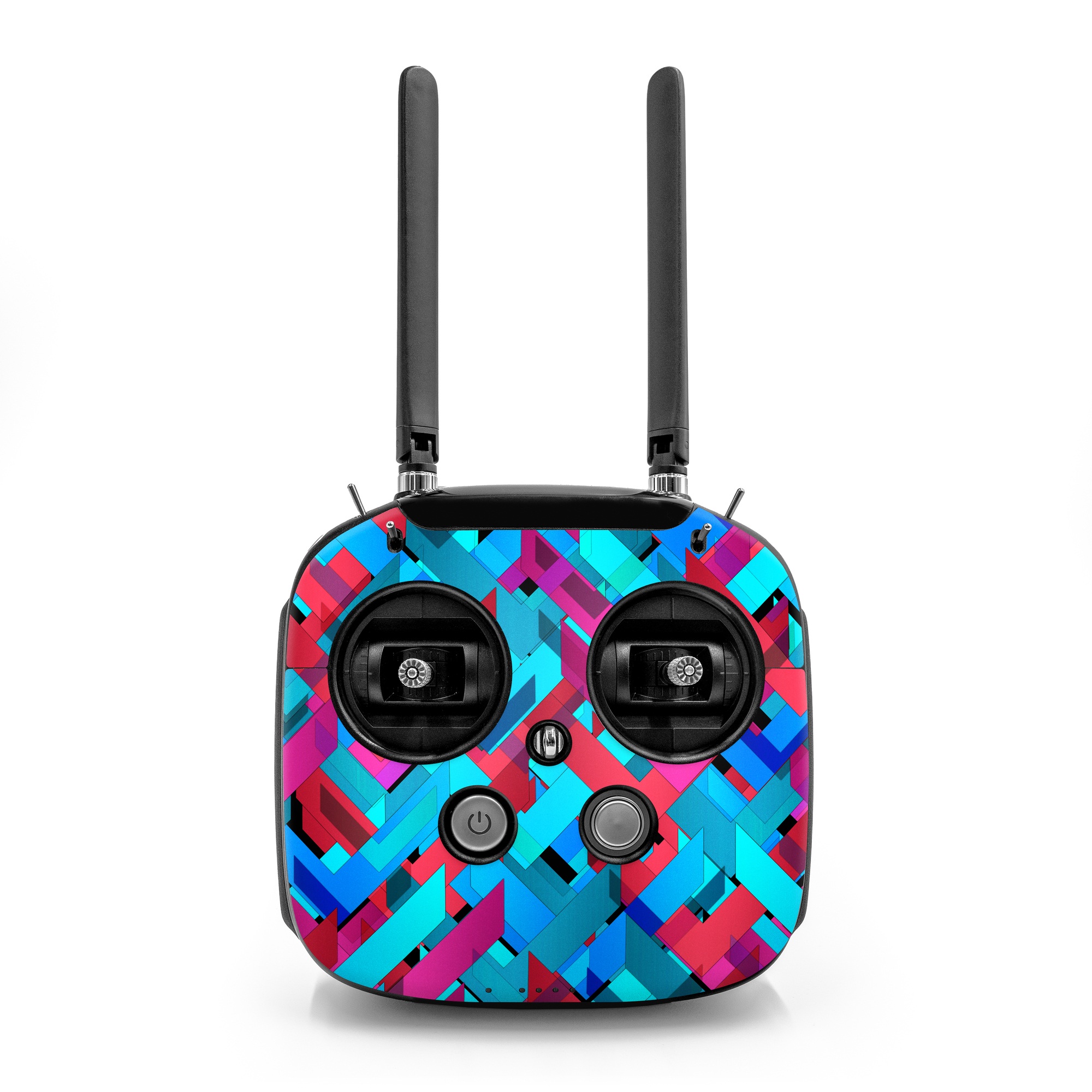 DJI FPV Remote Controller Mode 2 Skin design of Pattern, Turquoise, Line, Teal, Magenta, Design, Textile, Symmetry, Colorfulness, with blue, red, purple, black colors