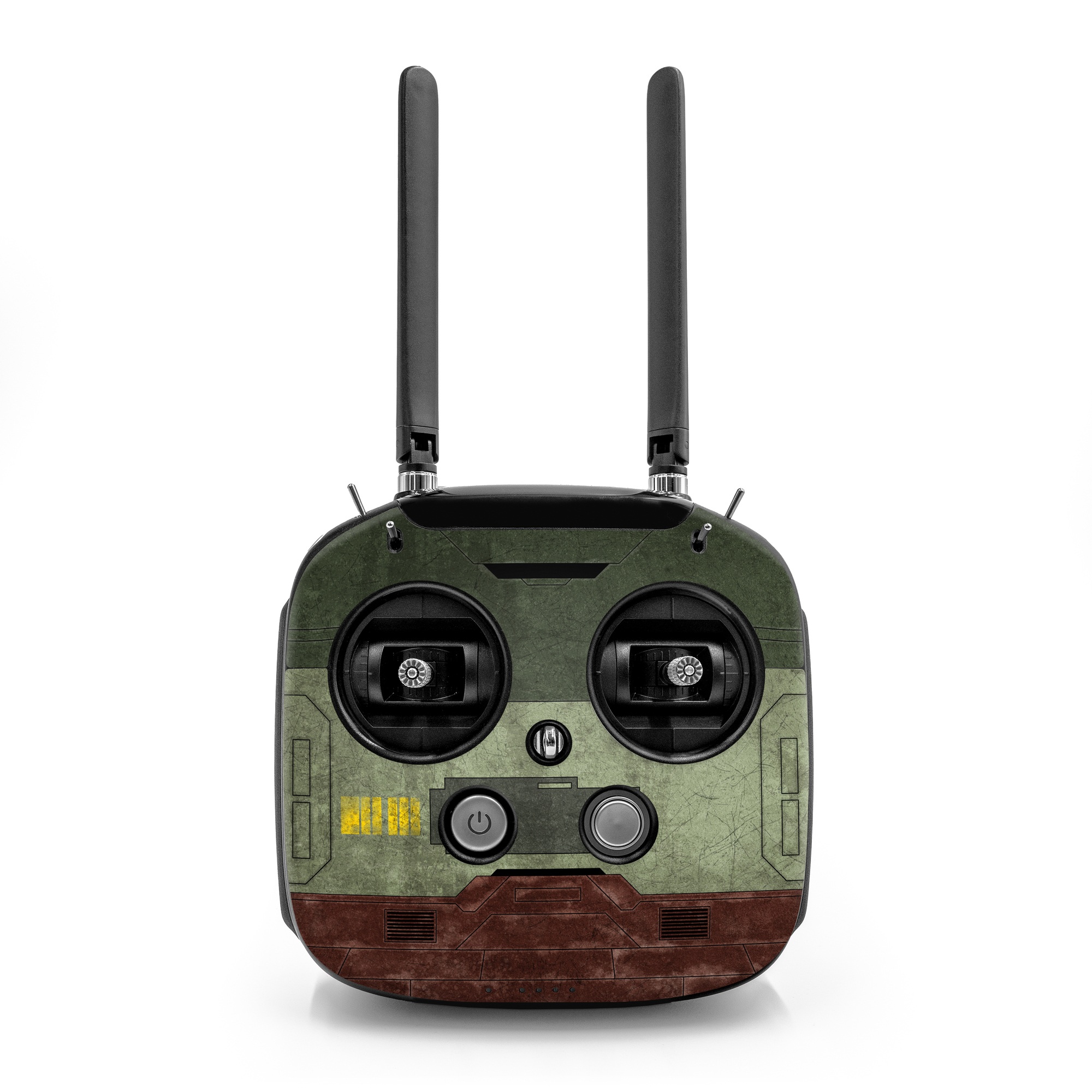 DJI FPV Remote Controller Mode 2 Skin design of Rectangle, Screenshot, Font, Wood, Pattern, Symmetry, Machine, Gas, Parallel, Engineering, with red, green, yellow, black, gray, white colors