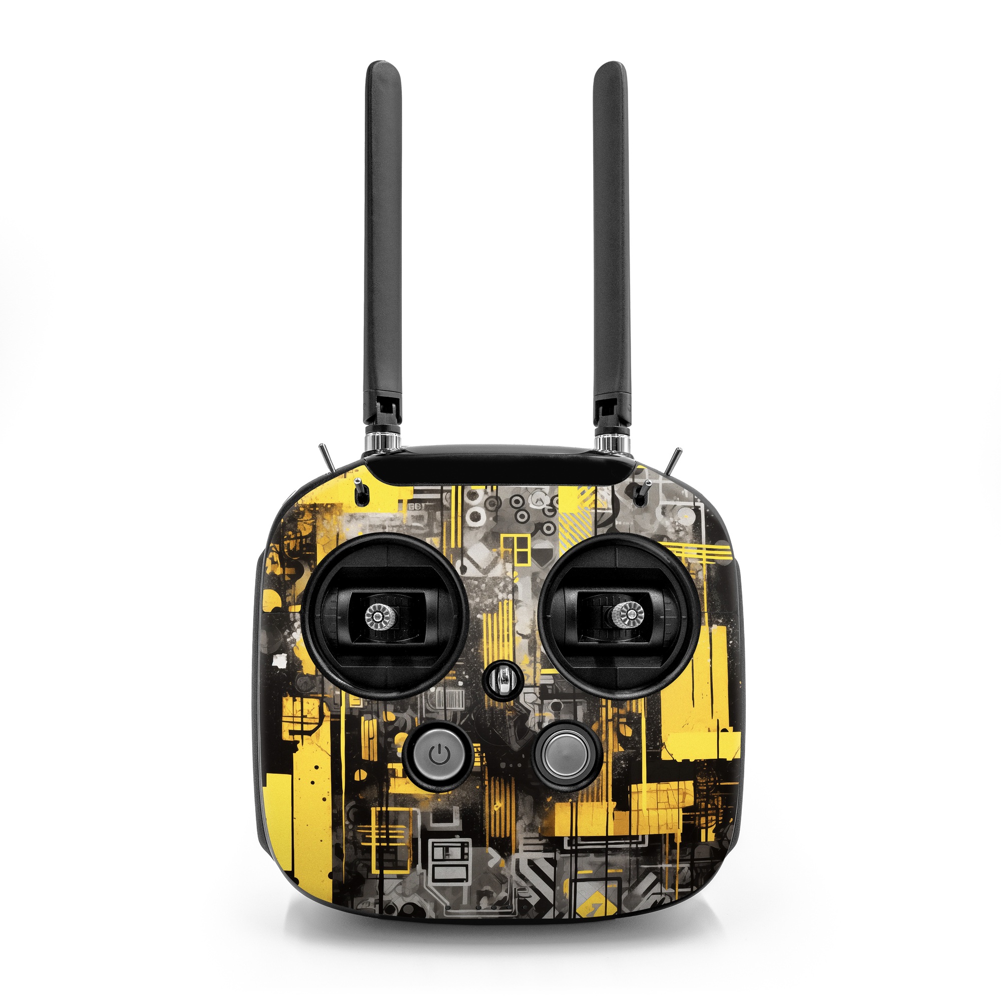 DJI FPV Remote Controller Mode 2 Skin design of Rectangle, Yellow, Font, Art, City, Engineering, Tints and shades, Pattern, Symmetry, Space, with black, white, gray, yellow colors