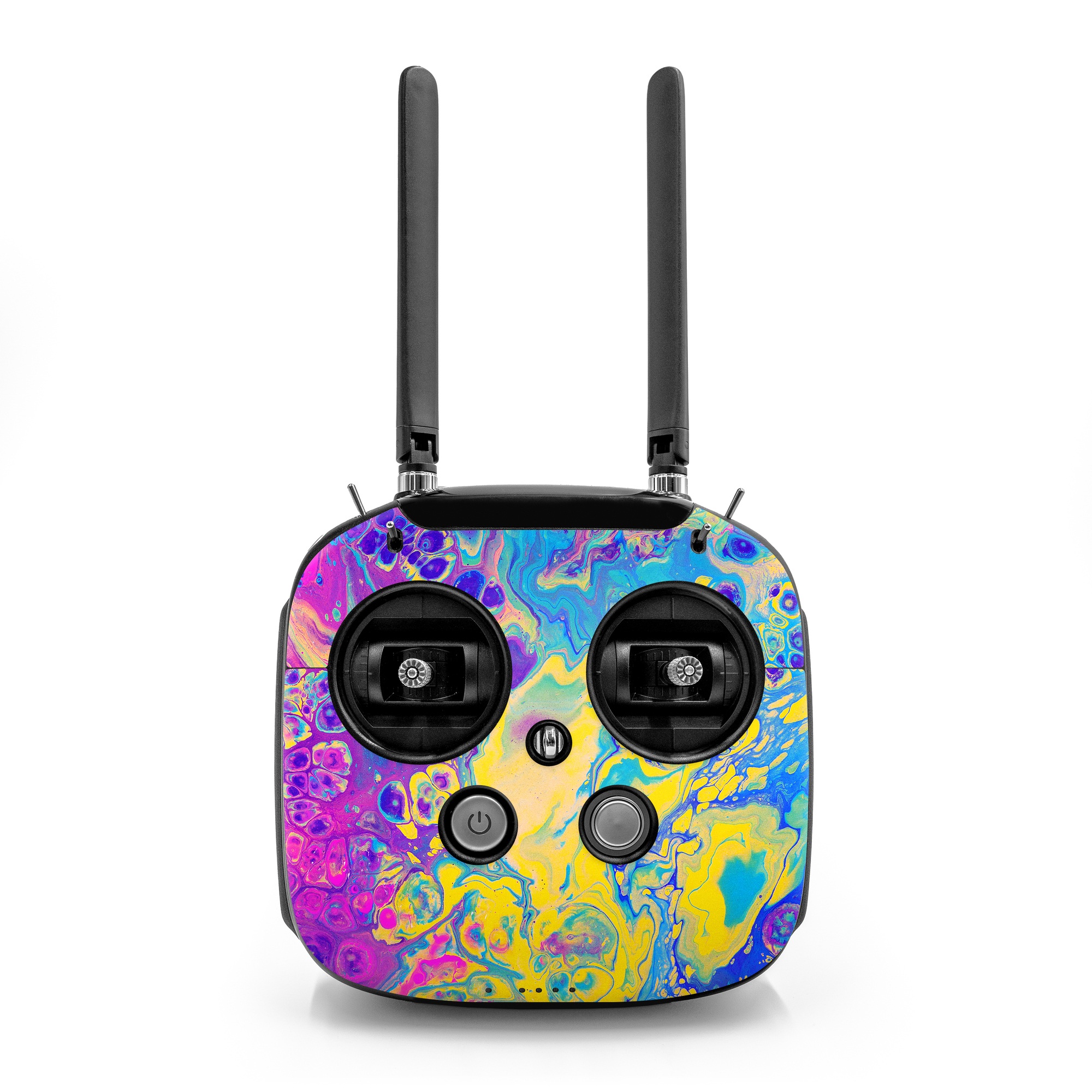 DJI FPV Remote Controller Mode 2 Skin design of Psychedelic art, Pattern, Purple, Visual arts, Design, Art, Fractal art, Electric blue, Graphic design, Graphics, with blue, yellow, purple, pink colors