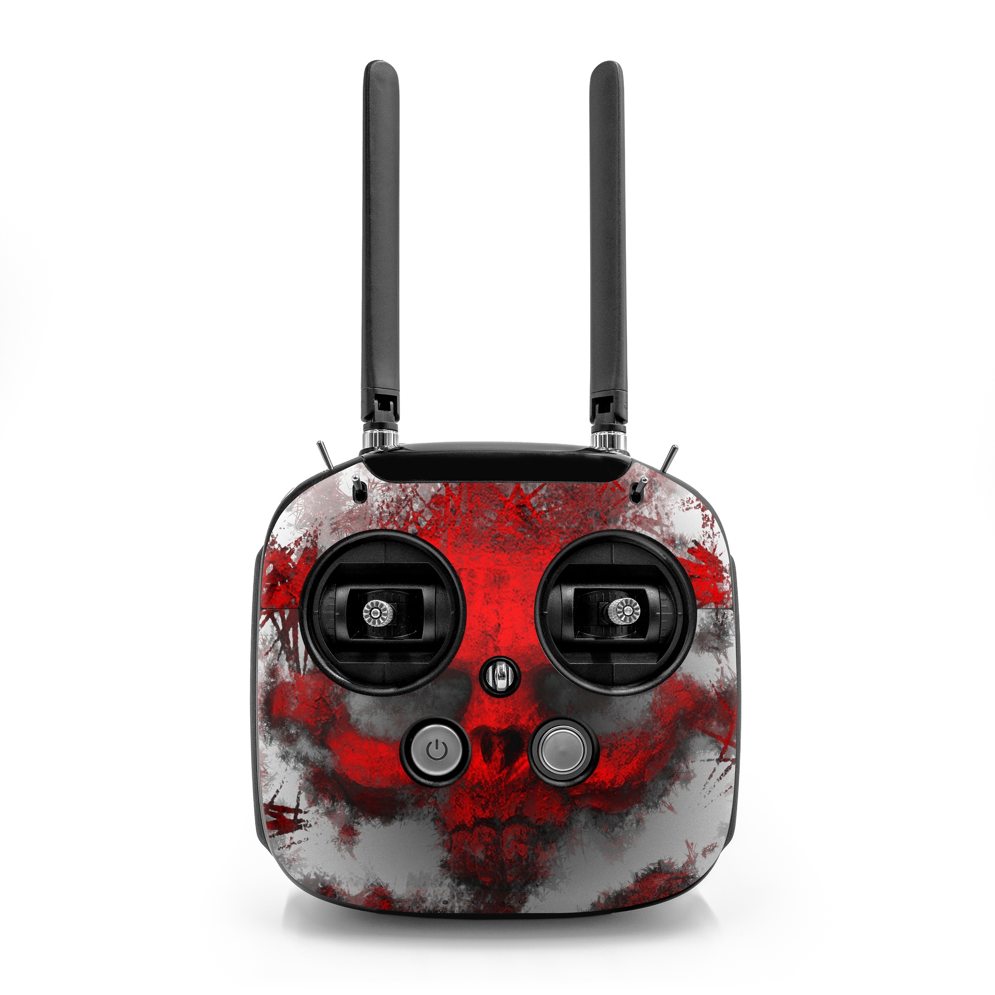 DJI FPV Remote Controller Mode 2 Skin design of Red, Graphic design, Skull, Illustration, Bone, Graphics, Art, Fictional character, with red, gray, black, white colors