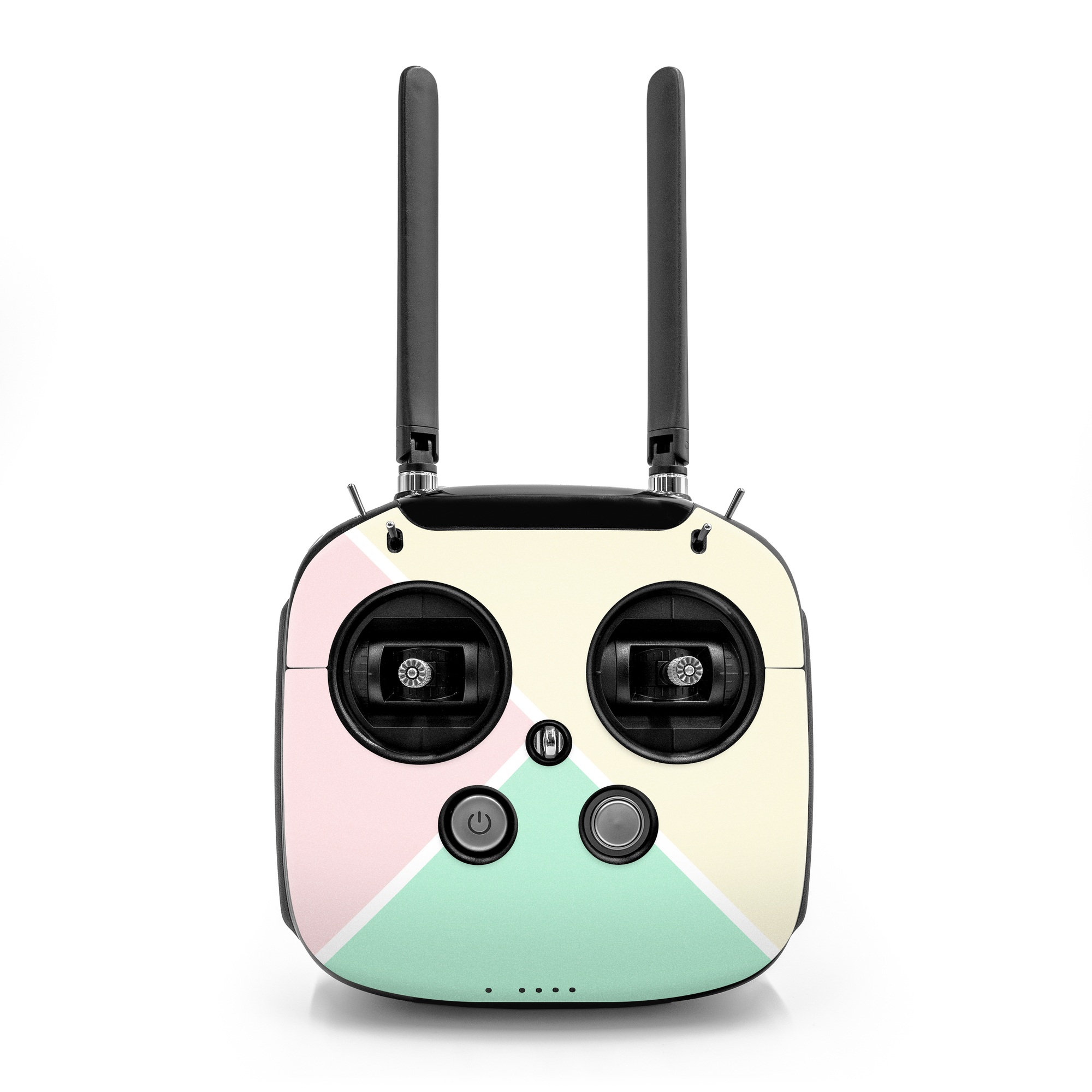 DJI FPV Remote Controller Mode 2 Skin design of Green, Aqua, Turquoise, Blue, Pink, Yellow, Line, Teal, Pattern, Design, with yellow, pink, green colors