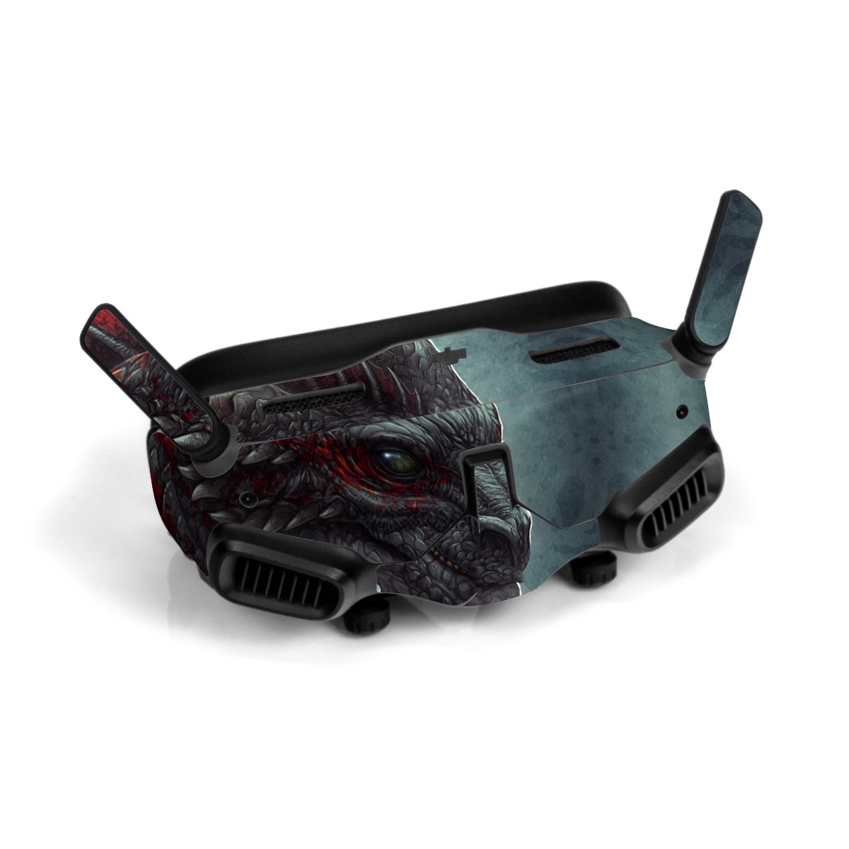 DJI Goggles 2 Skin design of Dragon, Fictional character, Mythical creature, Demon, Cg artwork, Illustration, Green dragon, Supernatural creature, Cryptid, with red, gray, blue colors