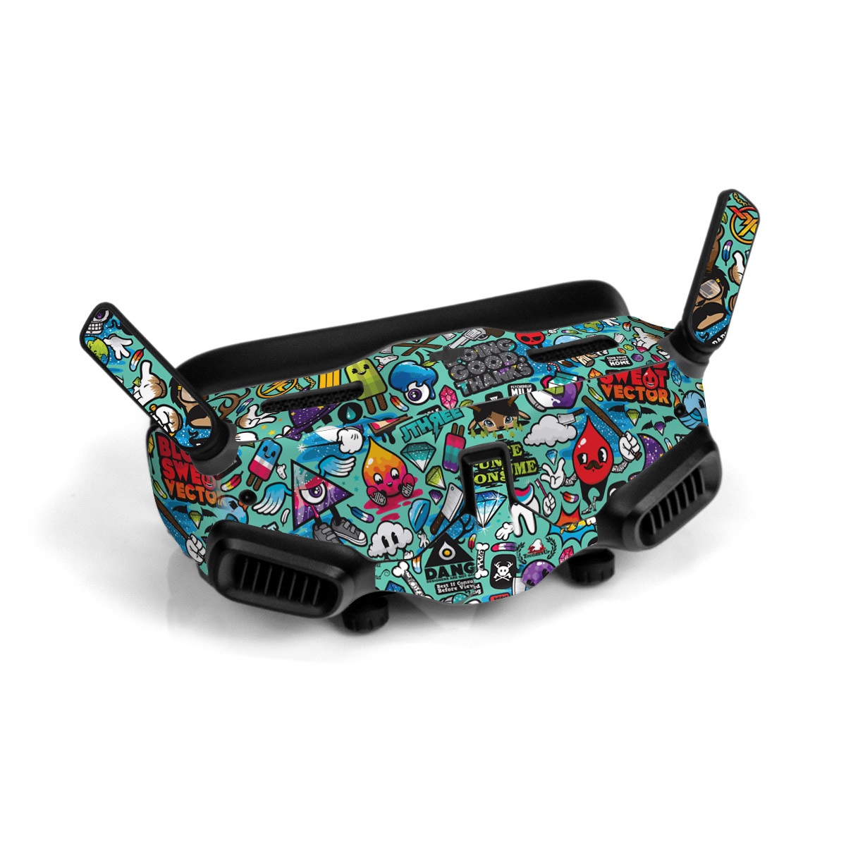 DJI Goggles 2 Skin design of Cartoon, Art, Pattern, Design, Illustration, Visual arts, Doodle, Psychedelic art, with black, blue, gray, red, green colors