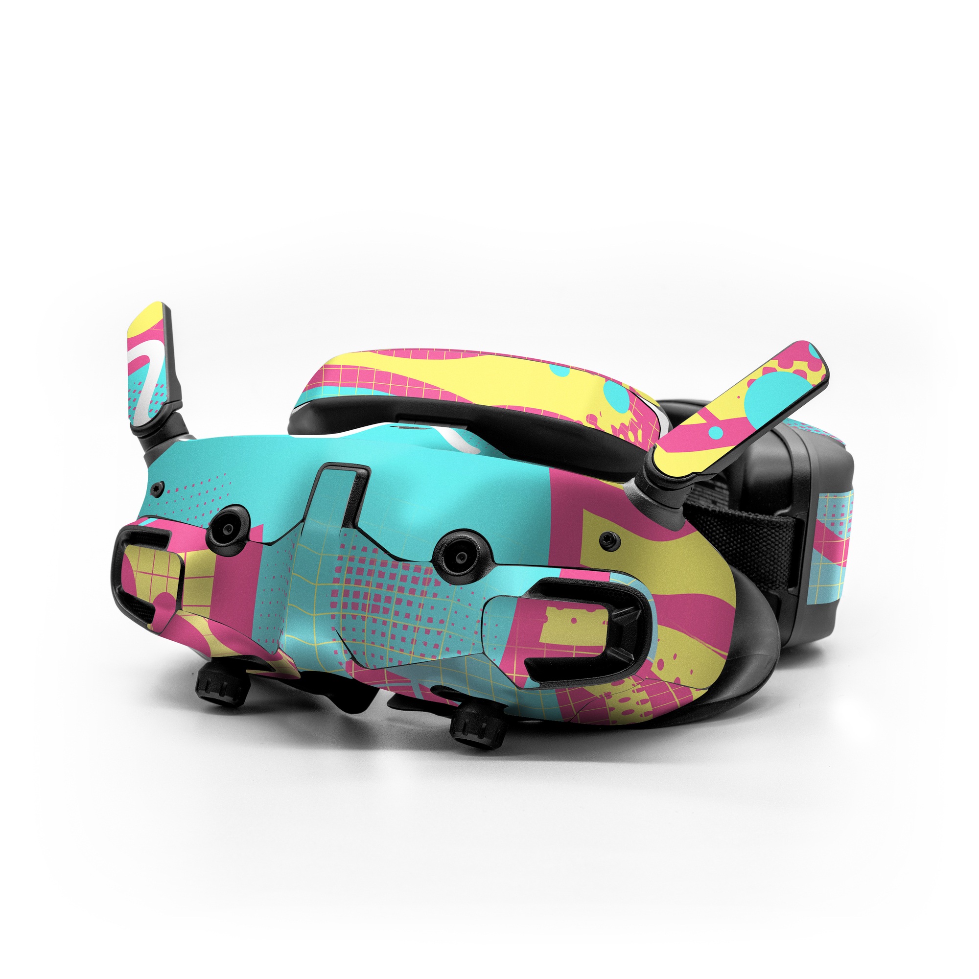 DJI Goggles 3 Skin design of Textile, Organism, Font, Art, Pink, Rectangle, Line, Aqua, Magenta, Circle, with pink, yellow, blue, black, white colors