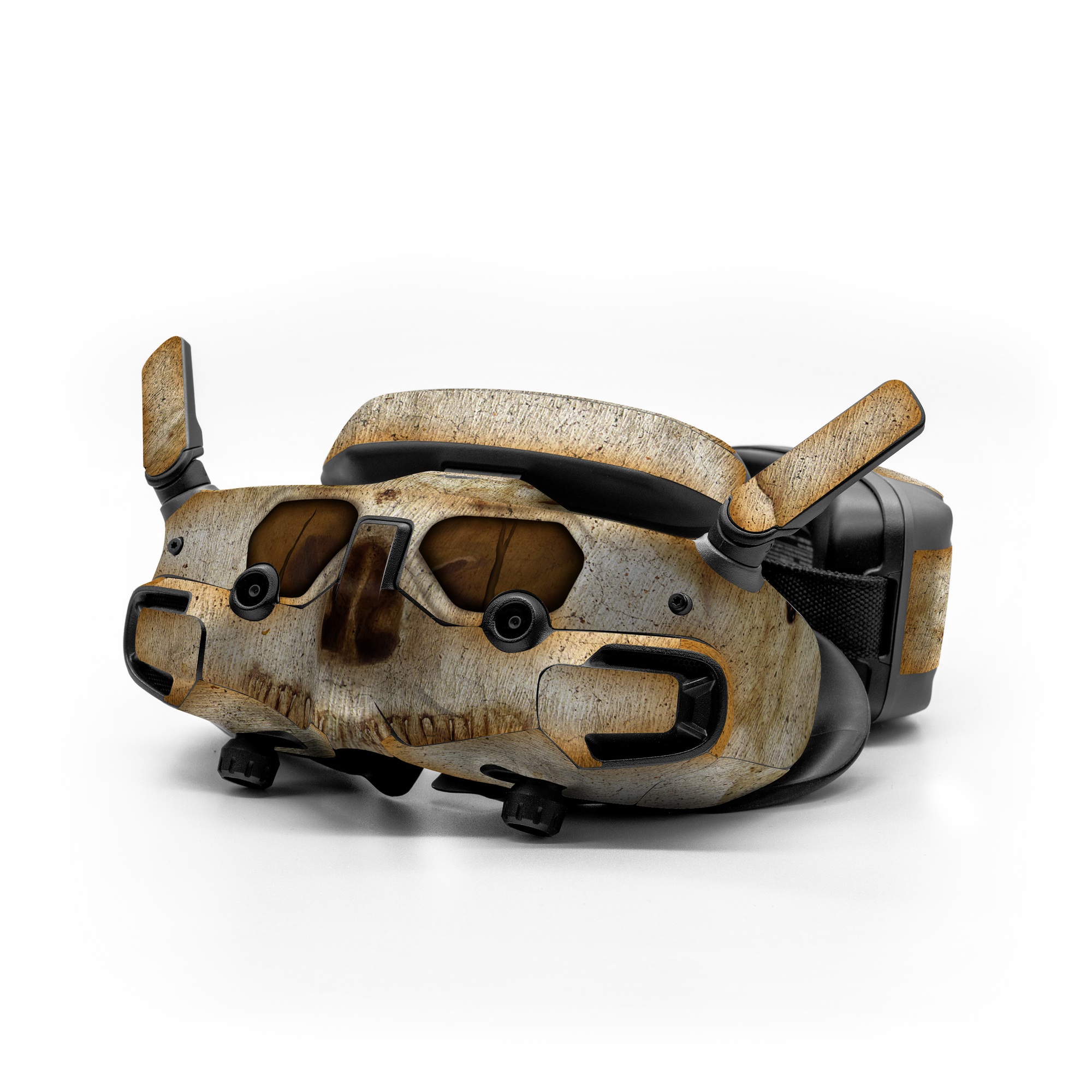 DJI Goggles 3 Skin design of Head, Eye, Jaw, Artifact, Art, Snout, Font, Wood, Bone, Close-up, with white, black, gray, brown, yellow colors