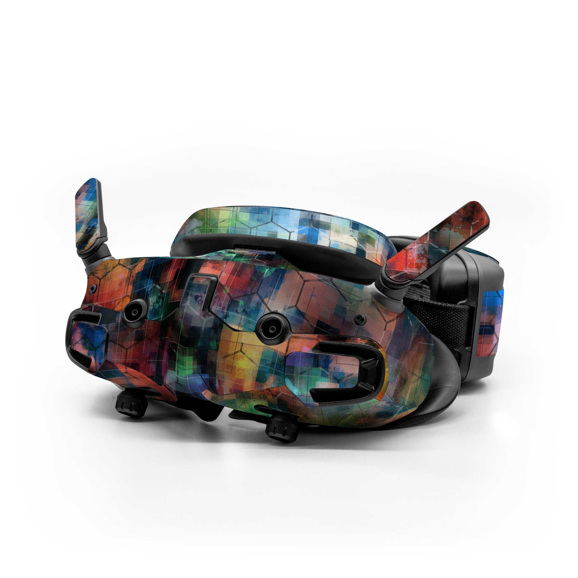 DJI Goggles 3 Skin design of Blue, Colorfulness, Pattern, Psychedelic art, Art, Sky, Design, Textile, Dye, Modern art, with black, blue, red, gray, green colors
