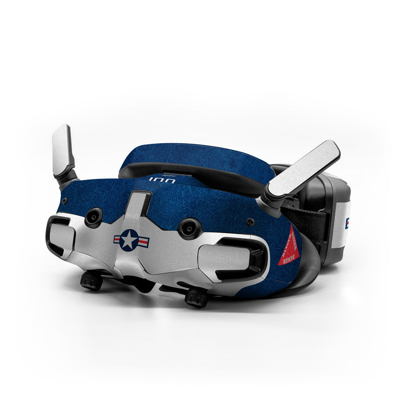 DJI Goggles 3 Skin design of Sleeve, Font, Motor vehicle, T-shirt, Emblem, Poster, Electric blue, Symmetry, Symbol, Pattern, with blue, red, white colors