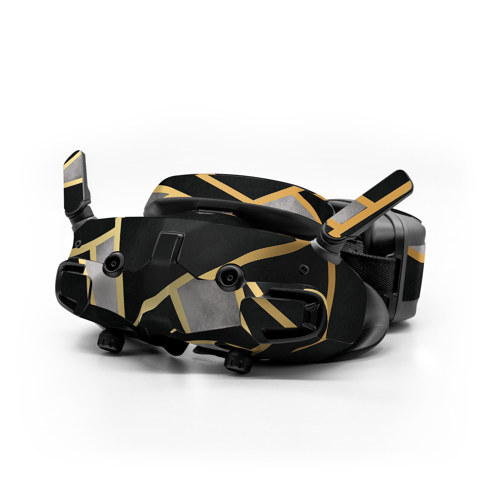 DJI Goggles 3 Skin design of Pattern, Triangle, Yellow, Line, Tile, Floor, Design, Symmetry, Architecture, Flooring, with black, gray, yellow colors
