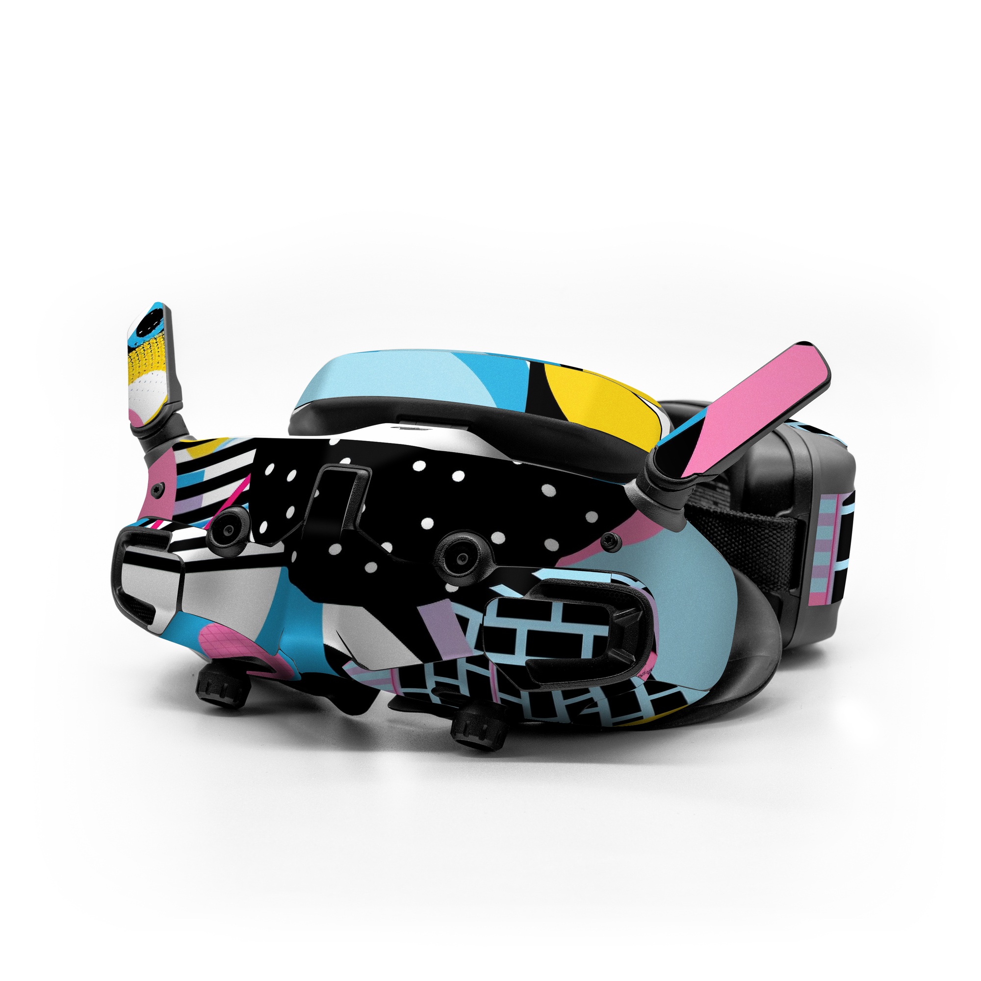 DJI Goggles 3 Skin design of White, Yellow, Art, Font, Pattern, Circle, Design, Creative arts, Graphics, Electric blue, with blue, pink, white, black, yellow colors