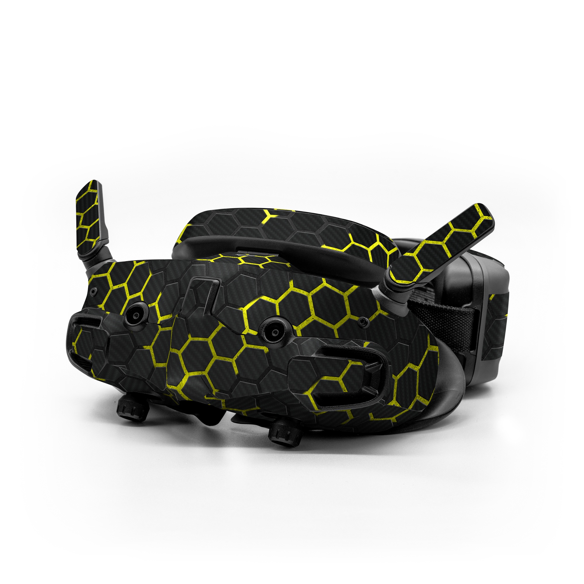 DJI Goggles 3 Skin design of Black, Pattern, Yellow, Mesh, Net, Chain-link fencing, Design, Metal, with black, gray, yellow colors