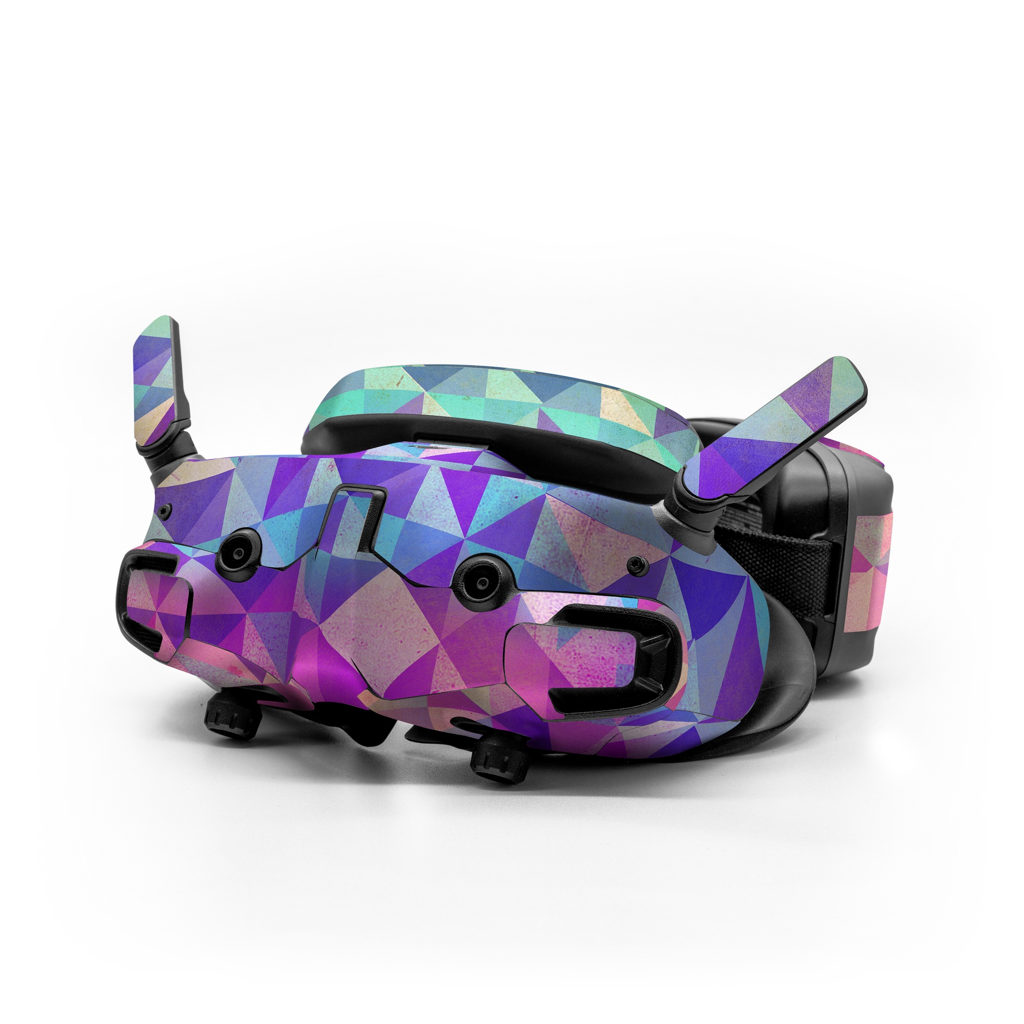 DJI Goggles 3 Skin design of Pattern, Purple, Triangle, Violet, Magenta, Line, Design, Symmetry, Psychedelic art, with gray, purple, green, blue, pink colors