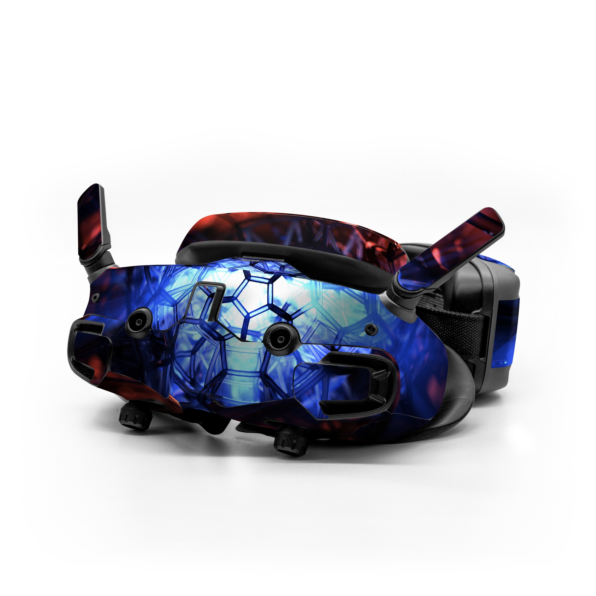 DJI Goggles 3 Skin design of Blue, Fractal art, Red, Light, Pattern, Lighting, Art, Kaleidoscope, Design, Psychedelic art, with black, blue, red colors