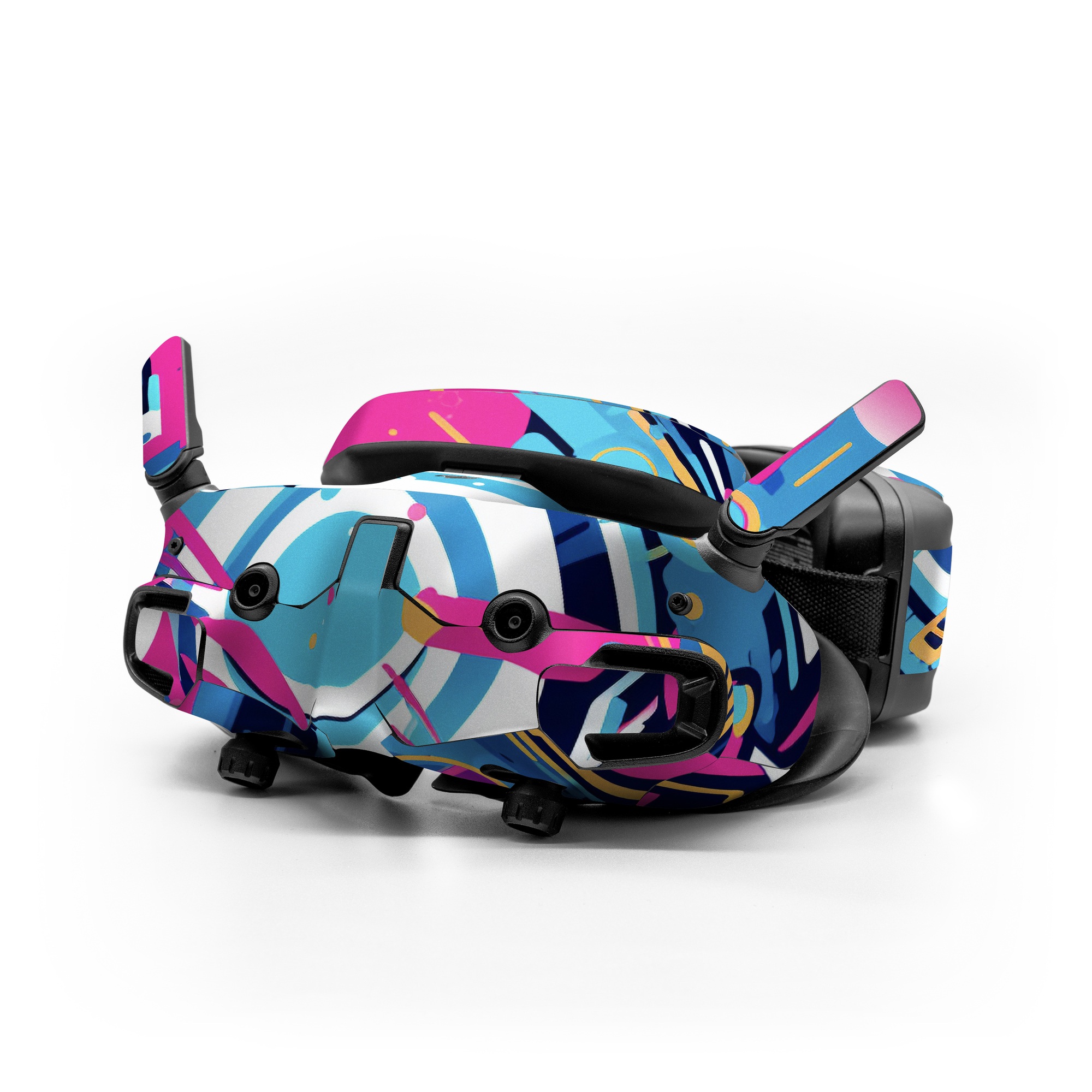 DJI Goggles 3 Skin design of Colorfulness, Font, Line, Material property, Art, Magenta, Pattern, Electric blue, Circle, Graphics, with blue, pink, black, white, orange colors