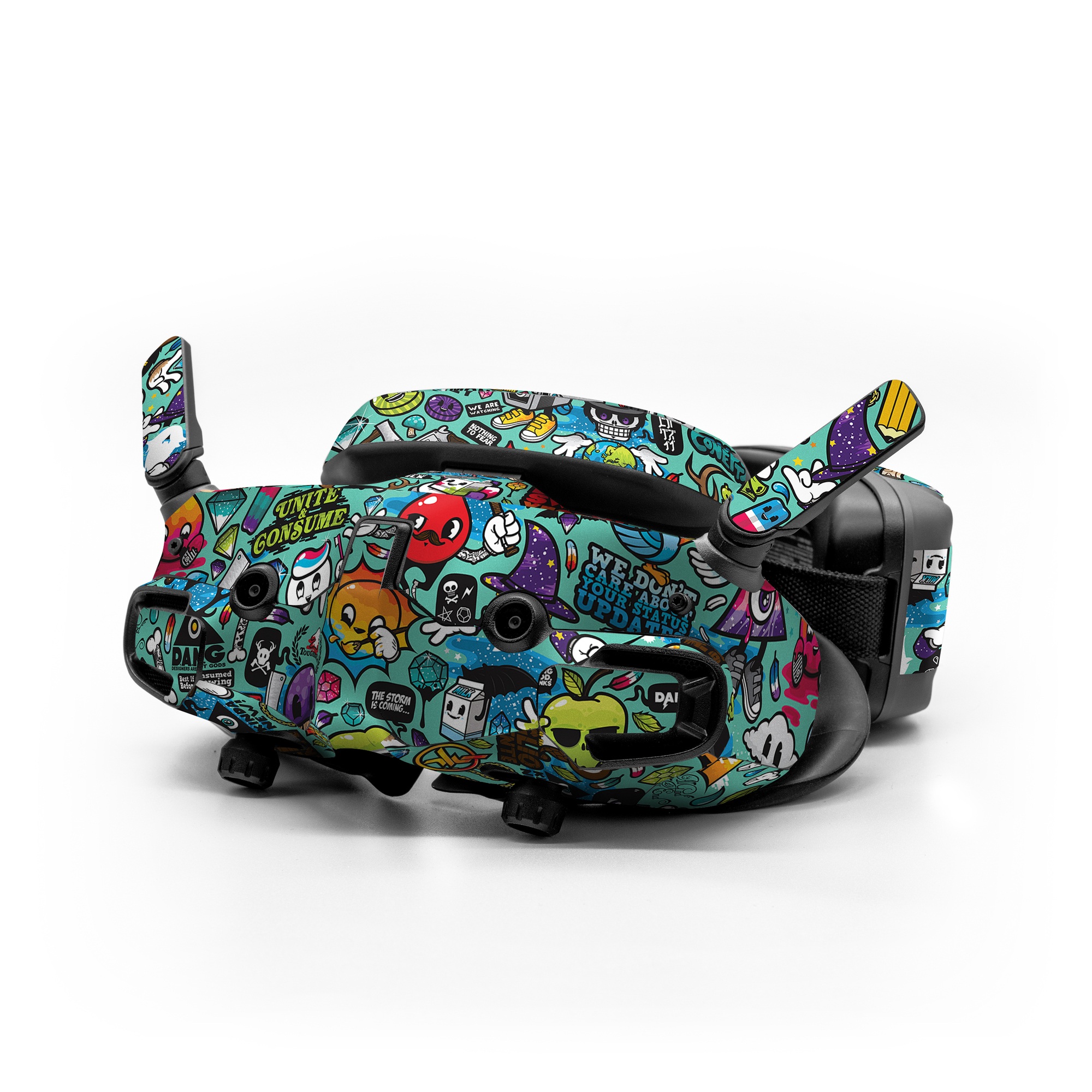 DJI Goggles 3 Skin design of Cartoon, Art, Pattern, Design, Illustration, Visual arts, Doodle, Psychedelic art, with black, blue, gray, red, green colors
