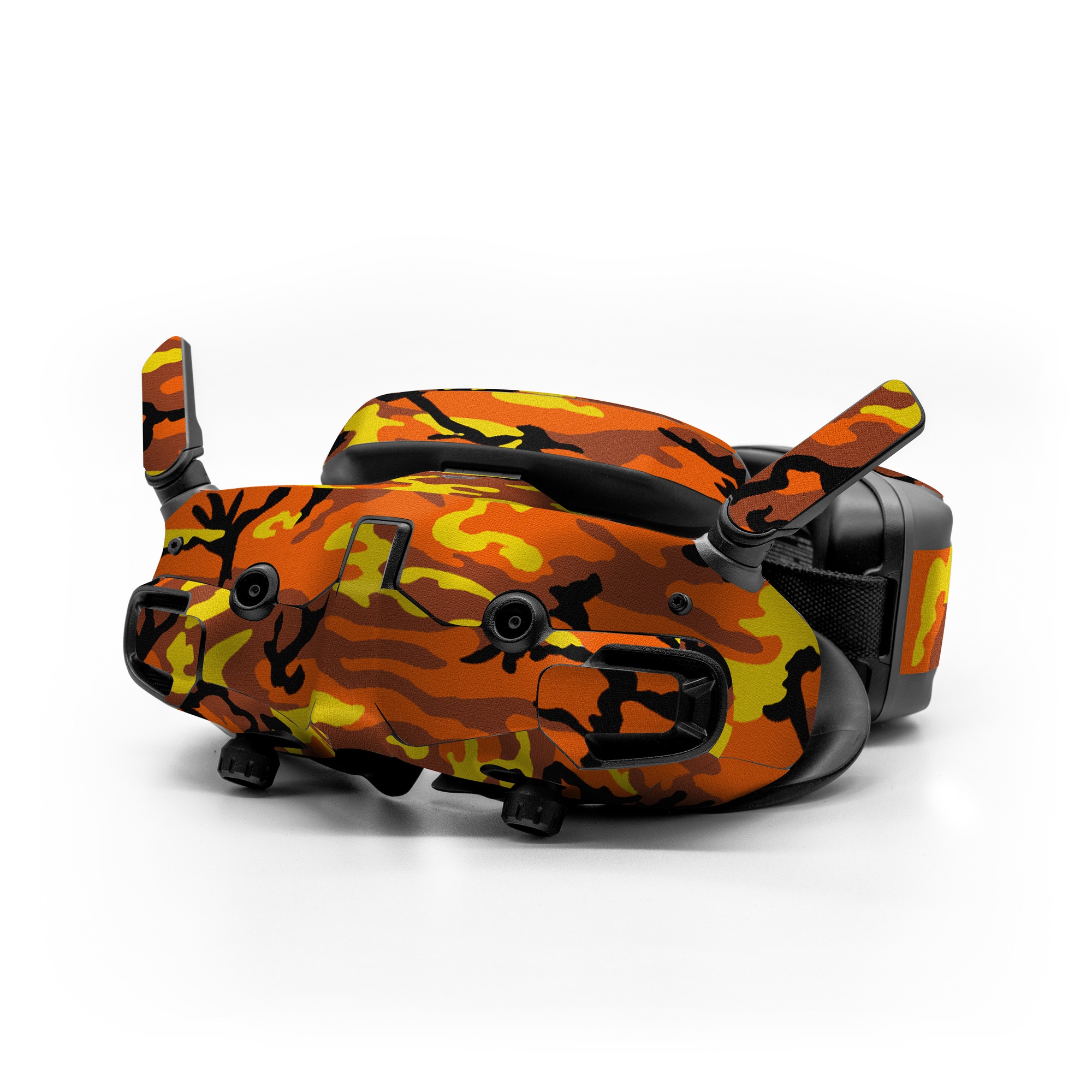 DJI Goggles 3 Skin design of Military camouflage, Orange, Pattern, Camouflage, Yellow, Brown, Uniform, Design, Tree, Wildlife, with red, green, black colors
