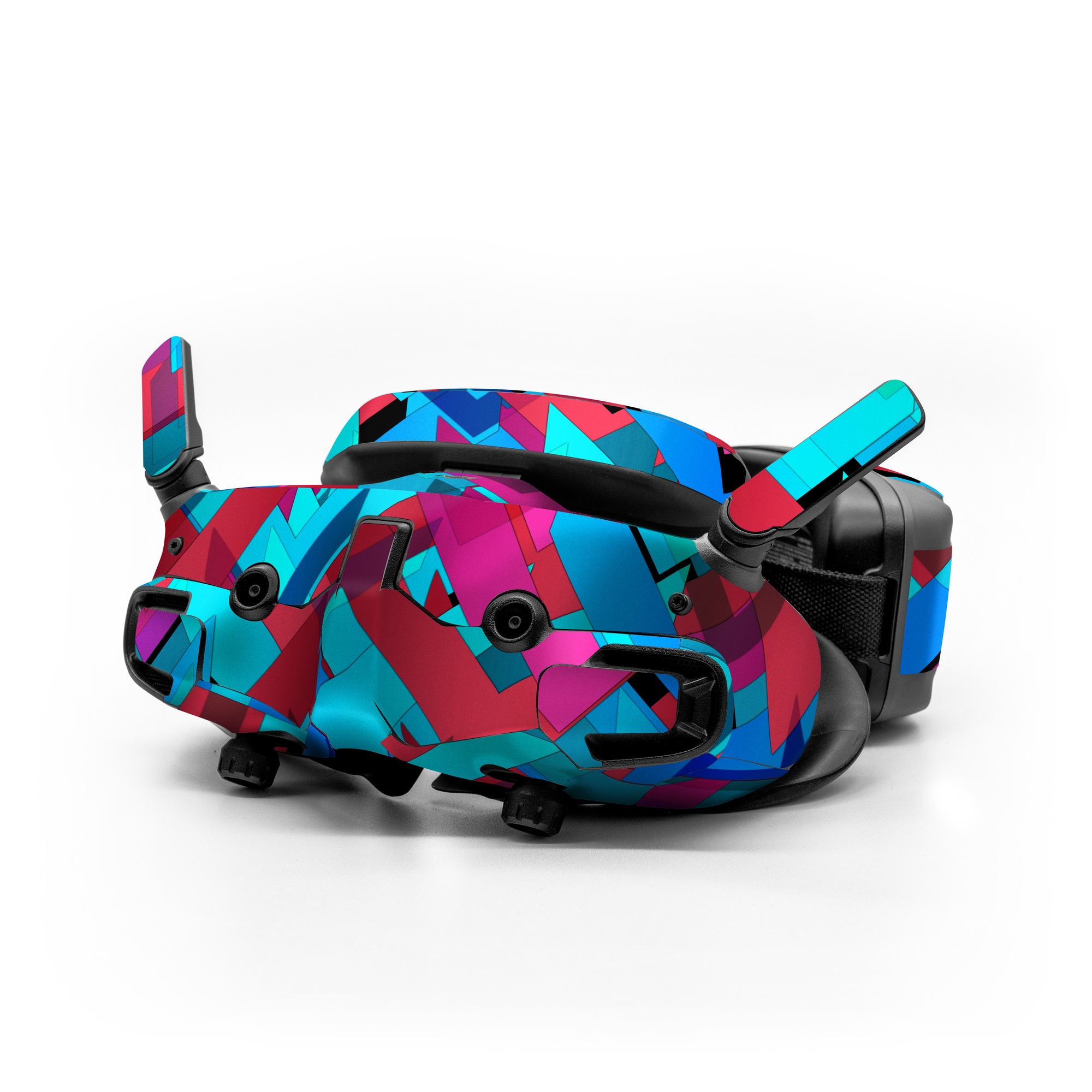 DJI Goggles 3 Skin design of Pattern, Turquoise, Line, Teal, Magenta, Design, Textile, Symmetry, Colorfulness, with blue, red, purple, black colors