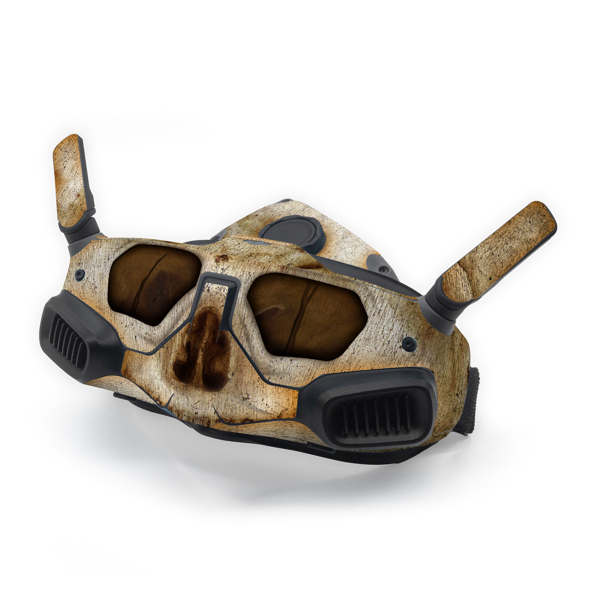 DJI Goggles Integra Skin design of Head, Eye, Jaw, Artifact, Art, Snout, Font, Wood, Bone, Close-up, with white, black, gray, brown, yellow colors