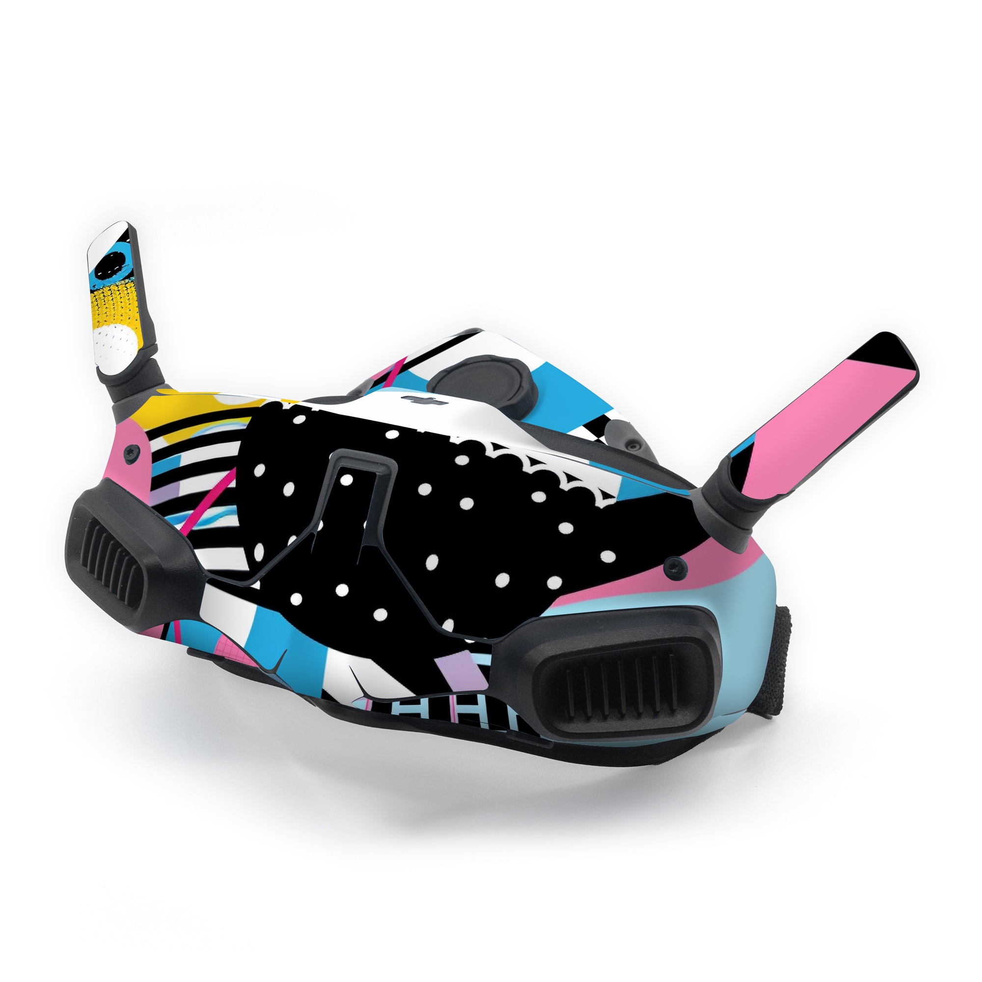 DJI Goggles Integra Skin design of White, Yellow, Art, Font, Pattern, Circle, Design, Creative arts, Graphics, Electric blue, with blue, pink, white, black, yellow colors
