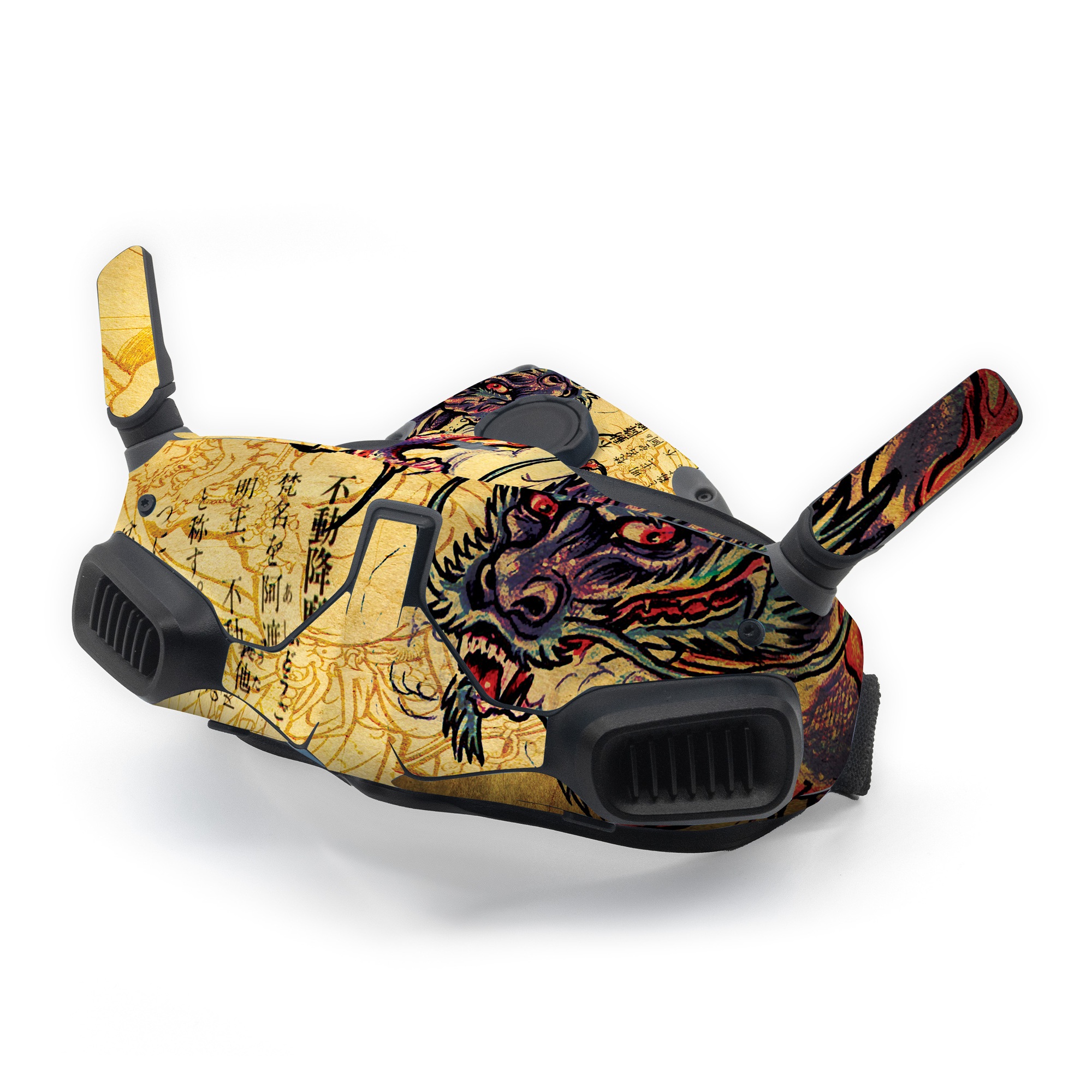 DJI Goggles Integra Skin design of Illustration, Fictional character, Art, Demon, Drawing, Visual arts, Dragon, Supernatural creature, Mythical creature, Mythology, with black, green, red, gray, pink, orange colors