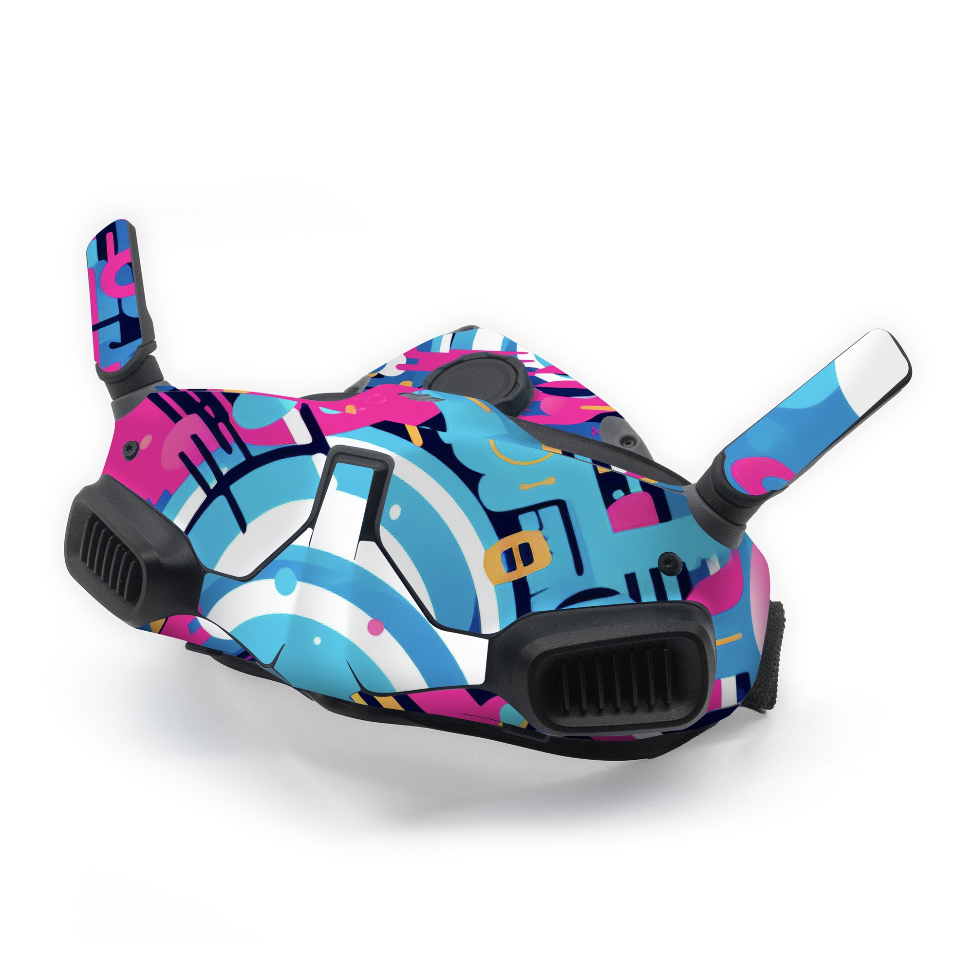 DJI Goggles Integra Skin design of Colorfulness, Font, Line, Material property, Art, Magenta, Pattern, Electric blue, Circle, Graphics, with blue, pink, black, white, orange colors