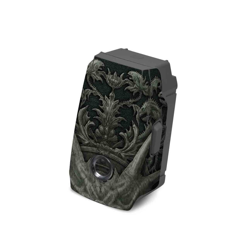 DJI Mavic 2 Battery Skin design of Demon, Dragon, Fictional character, Illustration, Supernatural creature, Drawing, Symmetry, Art, Mythology, Mythical creature, with black, gray colors