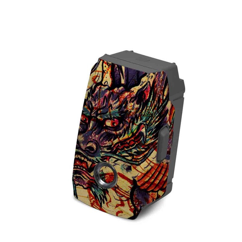 DJI Mavic 2 Battery Skin design of Illustration, Fictional character, Art, Demon, Drawing, Visual arts, Dragon, Supernatural creature, Mythical creature, Mythology, with black, green, red, gray, pink, orange colors