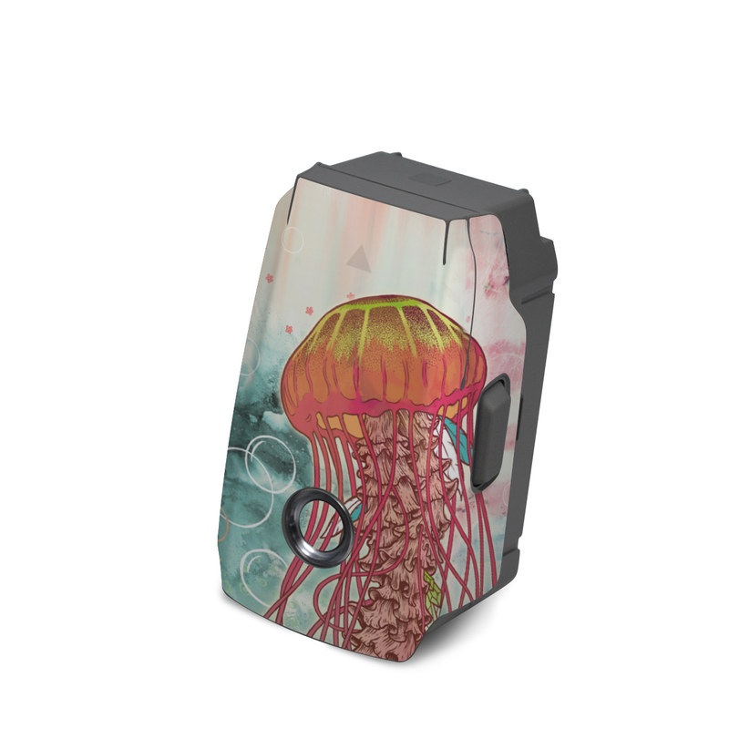 DJI Mavic 2 Battery Skin design of Jellyfish, Illustration, Water, Cnidaria, Marine invertebrates, Organism, Portuguese man o' war, Art, Nepenthes, Invertebrate, with gray, pink, yellow, red, green colors