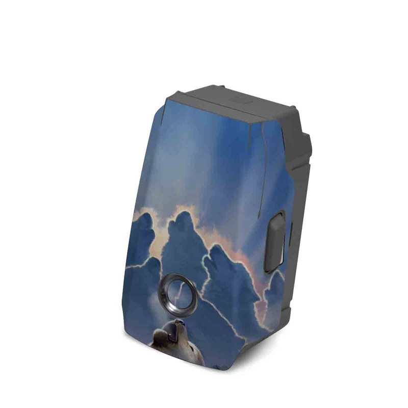 DJI Mavic 2 Battery Skin design of Sky, Cloud, Atmosphere, Rock, Wolf, Photography, Cg artwork, Illustration, Mountain, Mythology, with white, blue, gray, brown colors