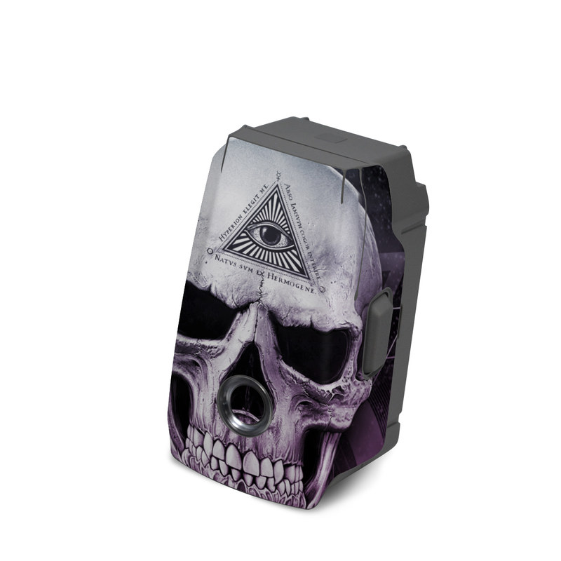 DJI Mavic 2 Battery Skin design of Skull, Bone, Illustration, Font, Jaw, Fictional character, Graphic design, Graphics, Art, with black, white, gray, purple colors