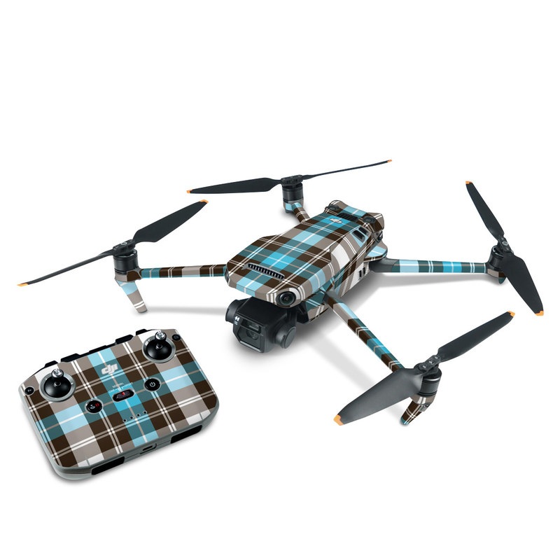 DJI Mavic 3 Skin design of Plaid, Pattern, Tartan, Turquoise, Textile, Design, Brown, Line, Tints and shades with gray, black, blue, white colors