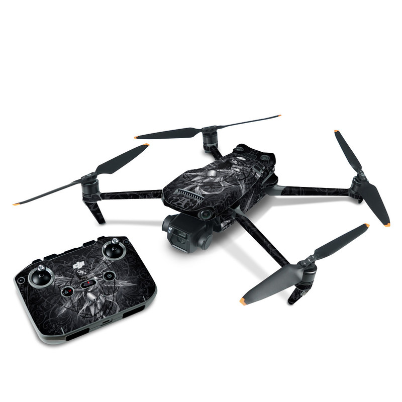 DJI Mavic 3 Skin design of Illustration, Graphic design, Darkness, Fictional character, Black-and-white, Pattern, Graphics, Mythical creature, Circle, Wing with black, white colors